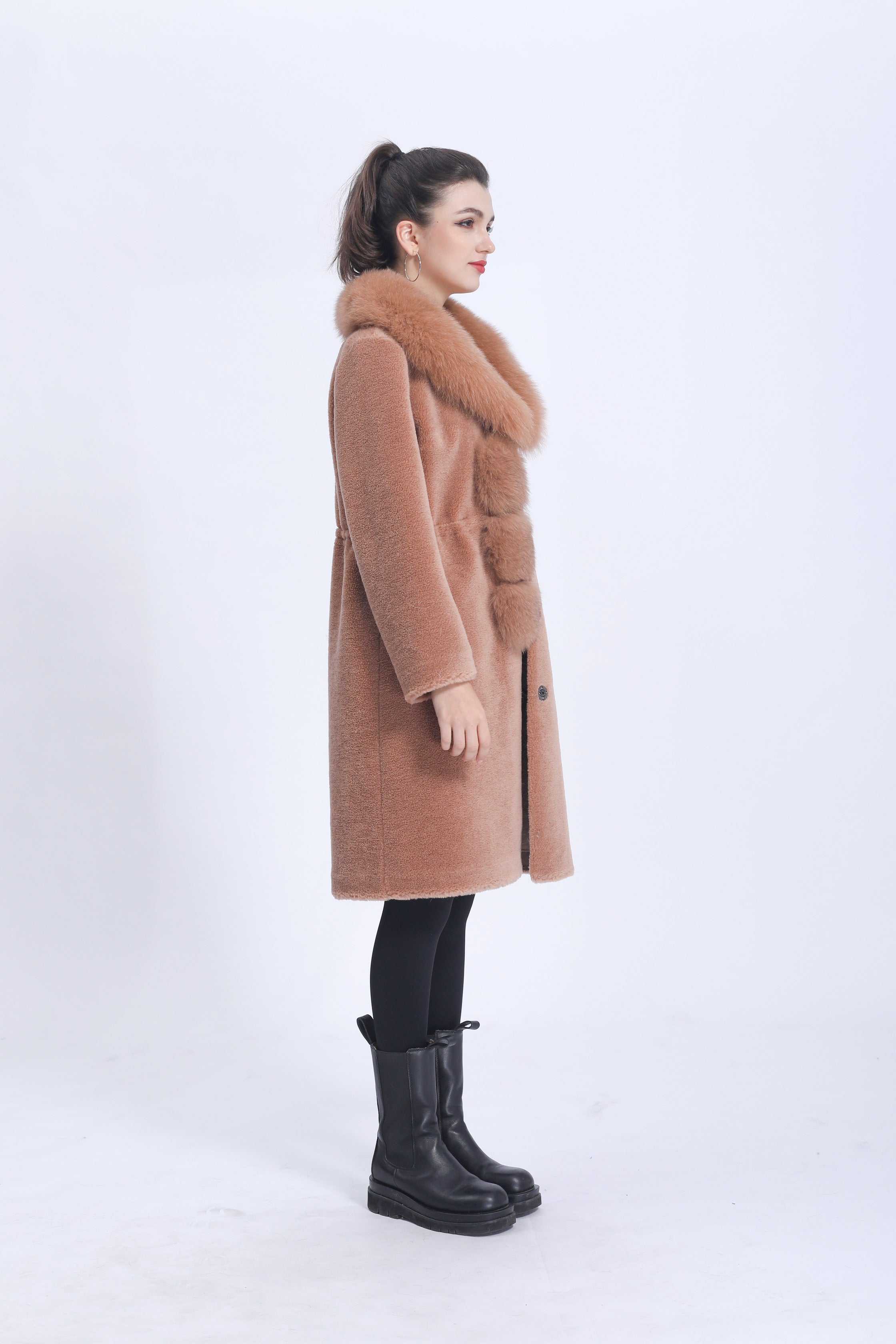 Women's Camel Shearling Long Coat with Shawl Collar, Fox Fur Trim & Waist-Tie Detail - Luxurious Winter Outerwear