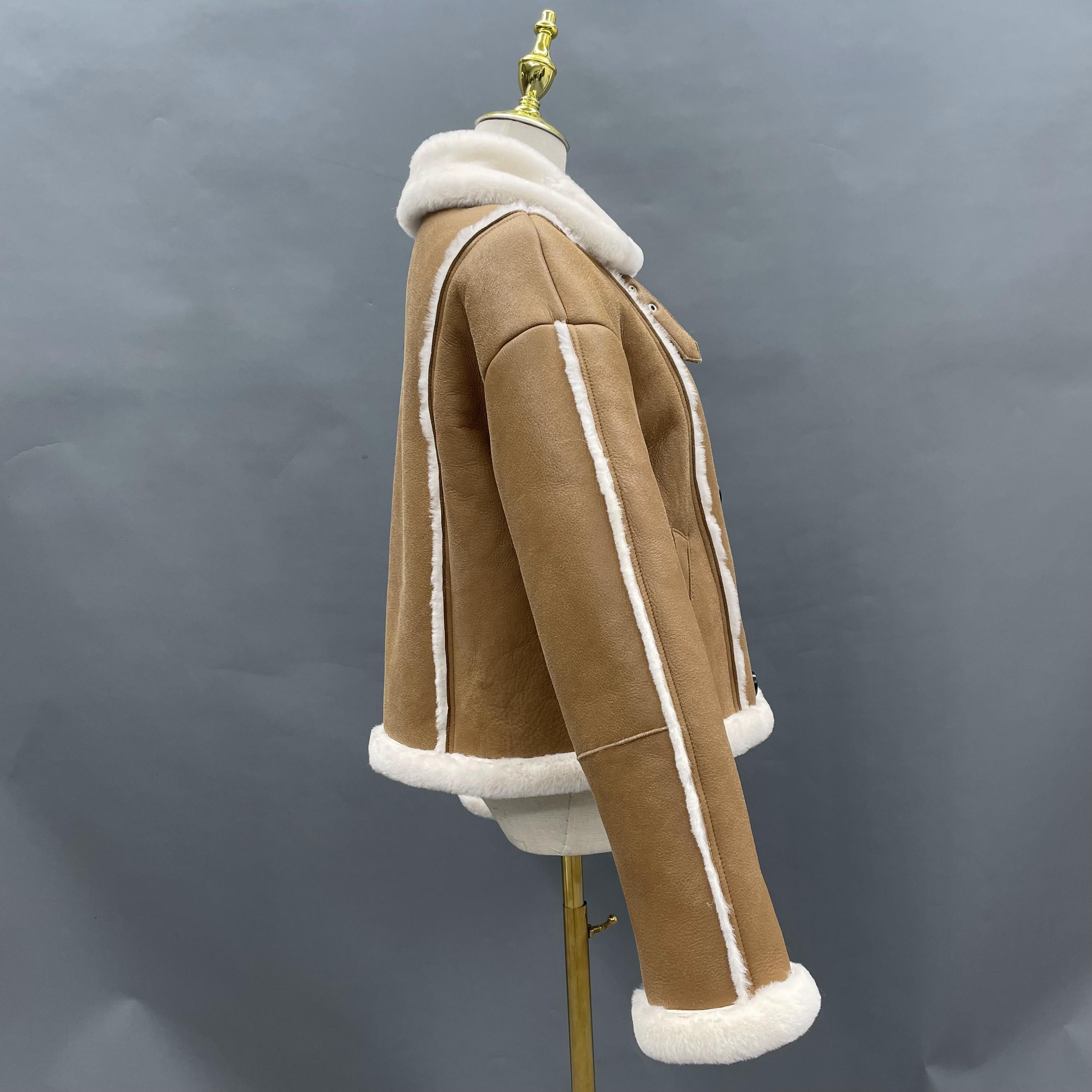 Women's Short Camel Shearling Jacket with Lamb Fur Trim, Double-Breasted Design - Warm Winter Outerwear