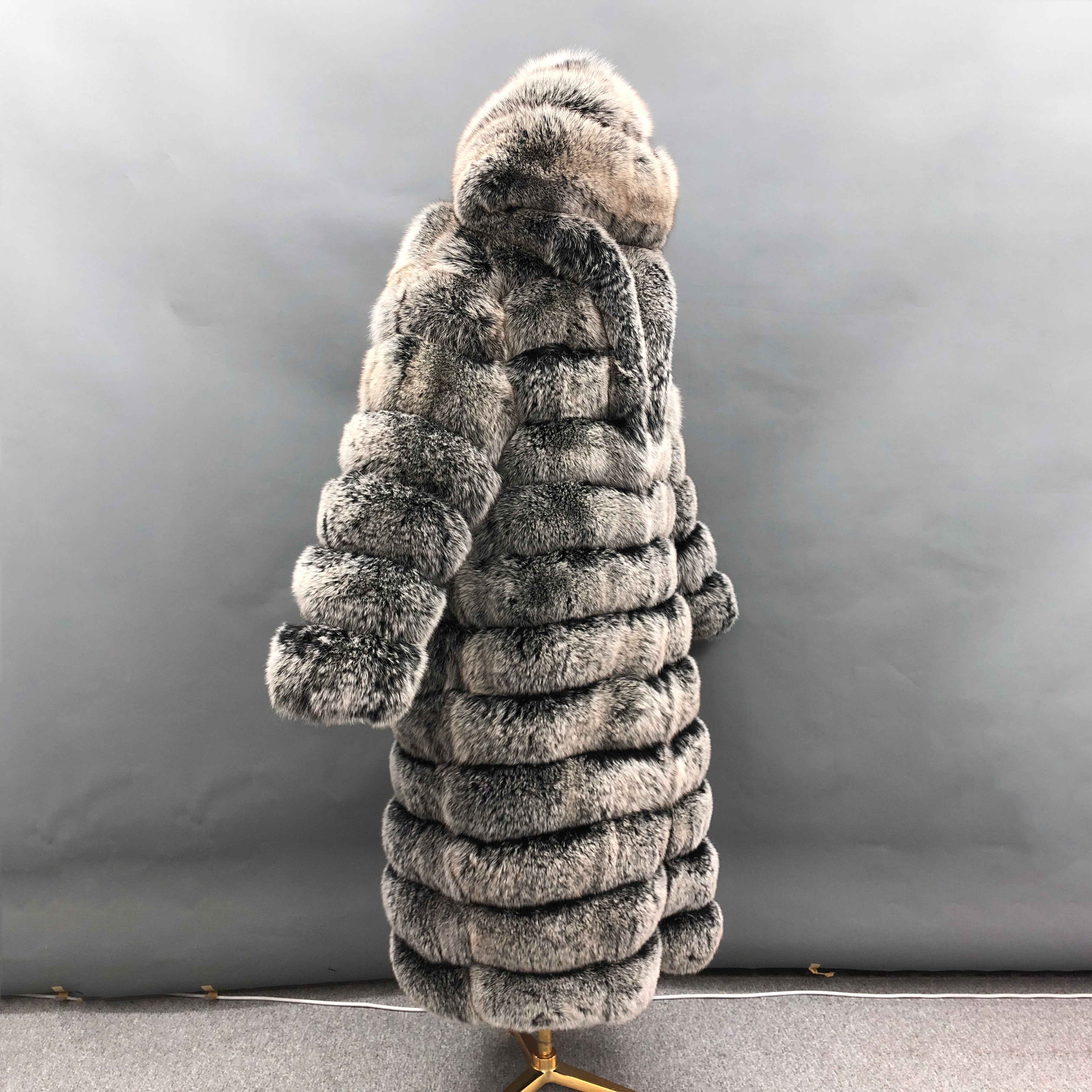 Women's Luxury Black Base White Tip Fox Fur 12-Panel Long Coat - Winter Warm Fashion Jacket