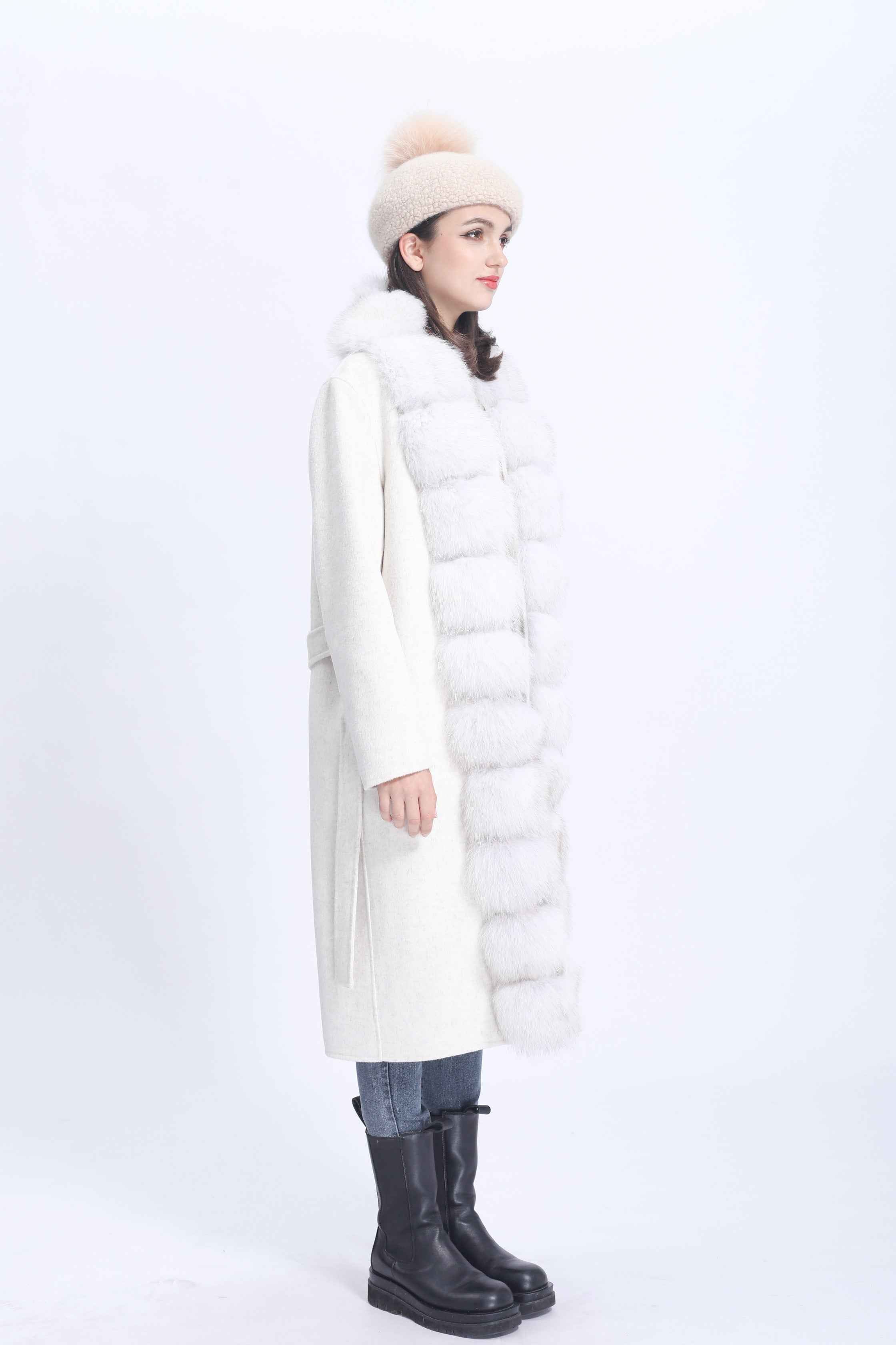 Luxury Wool Coat with Tiered Fox Fur Trim Front Closure – Elegant Long Double-Faced Overcoat