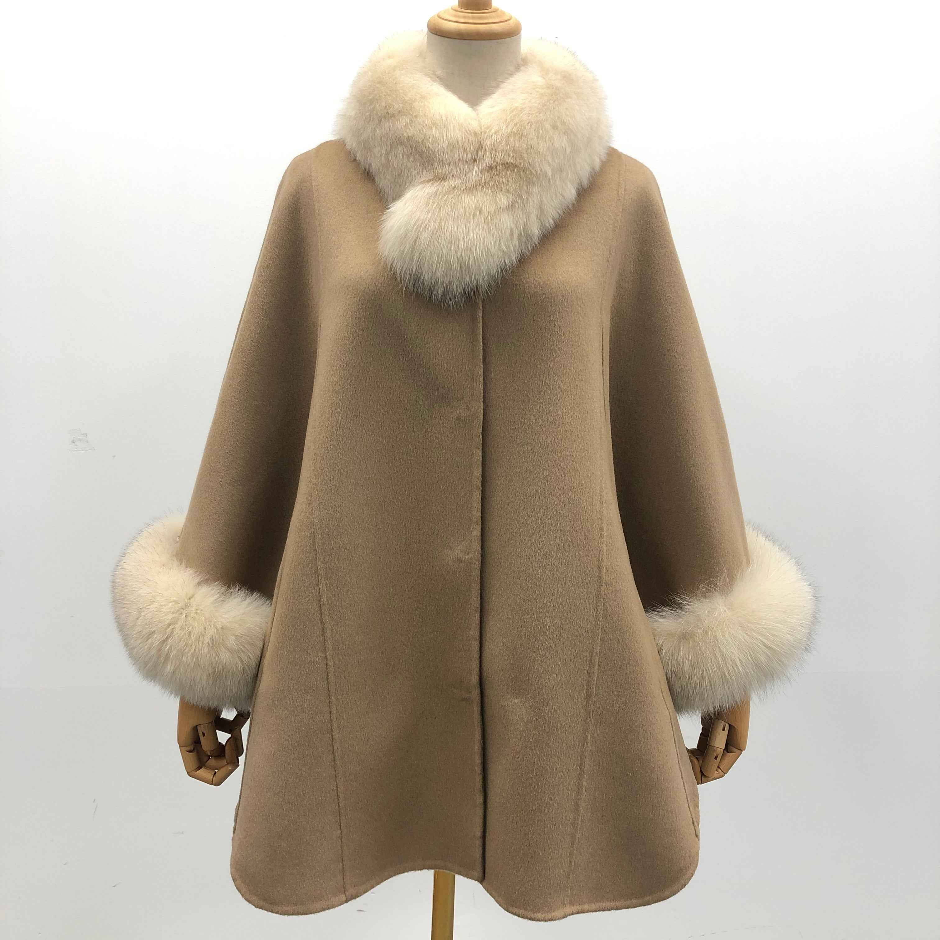 Women's White Faux Fur Trim Cape Coat, Double-Faced Wool Long Oversized Jacket for Winter Casual Outfits Camle F
