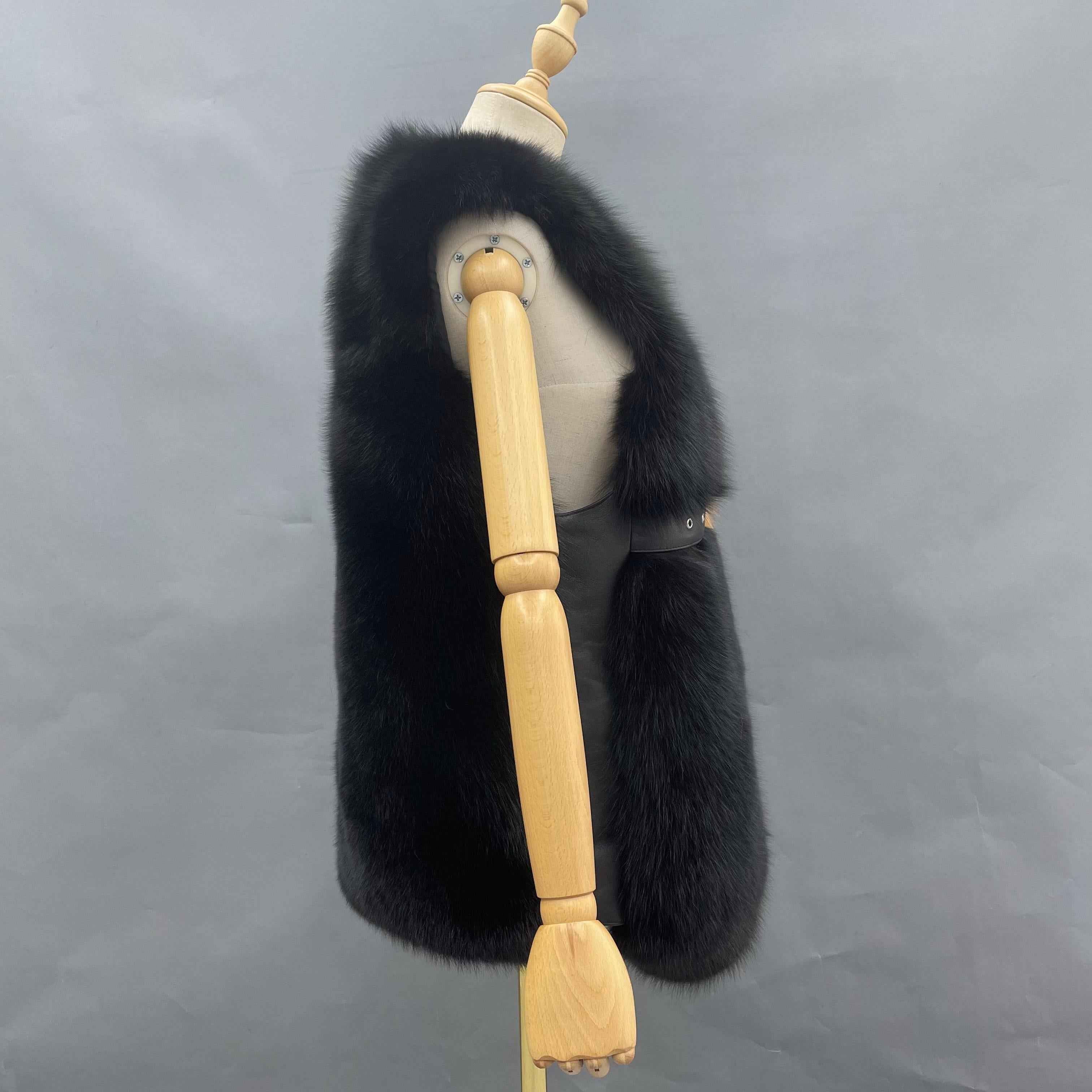 Women's Designer Color-Block Fox Fur Vest with Leather Loop Detail - Edgy Fashion Statement Outerwear