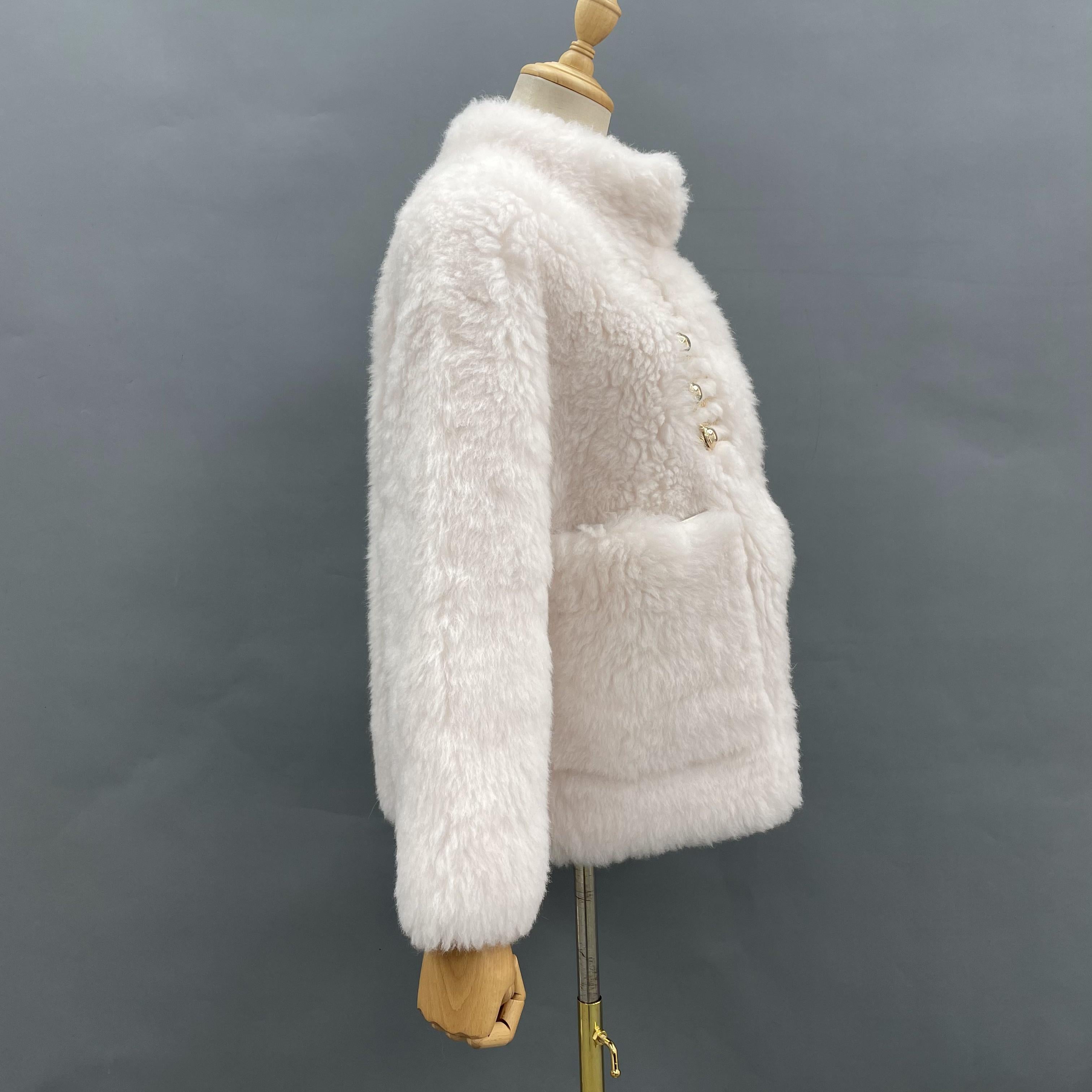 Women's White Sheepskin Shearling Jacket with Golden Frog Buttons & Large Pockets - Luxe Winter Outerwear