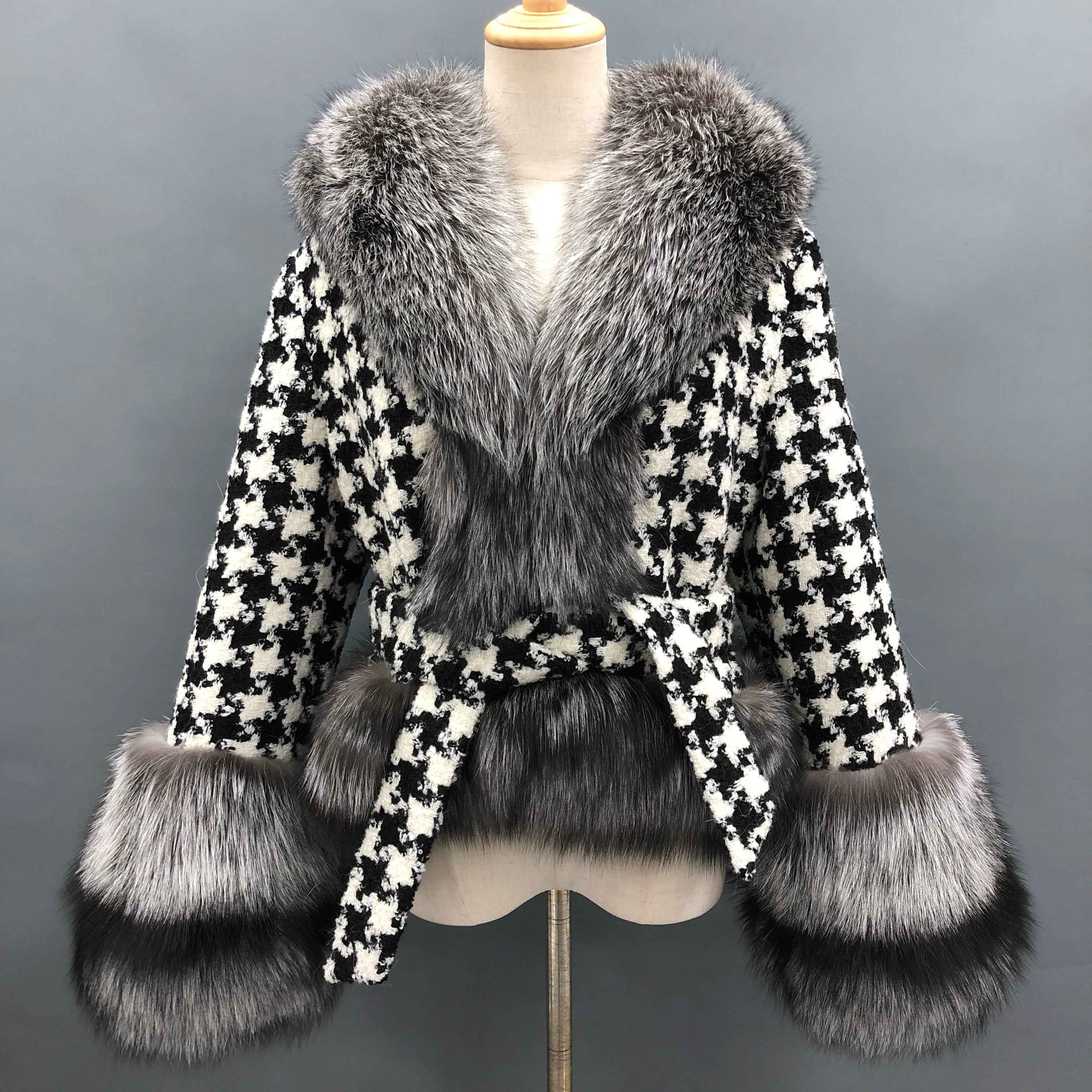 Women's Black White Houndstooth Wool Belted Coat with Fox Fur Collar and Cuffs Trim, Elegant Winter Jacket for Casual Outfits Gray