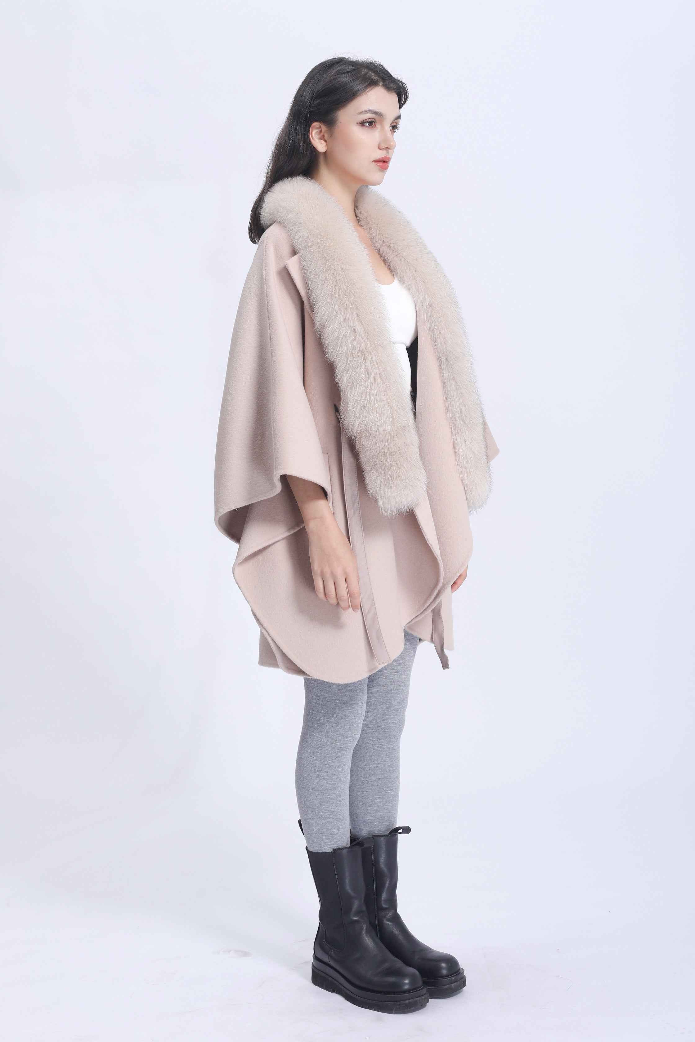 Women's Luxury Double - Faced Wool Cape with Fox Fur Collar and Leather Belt, Elegant Winter Outerwear
