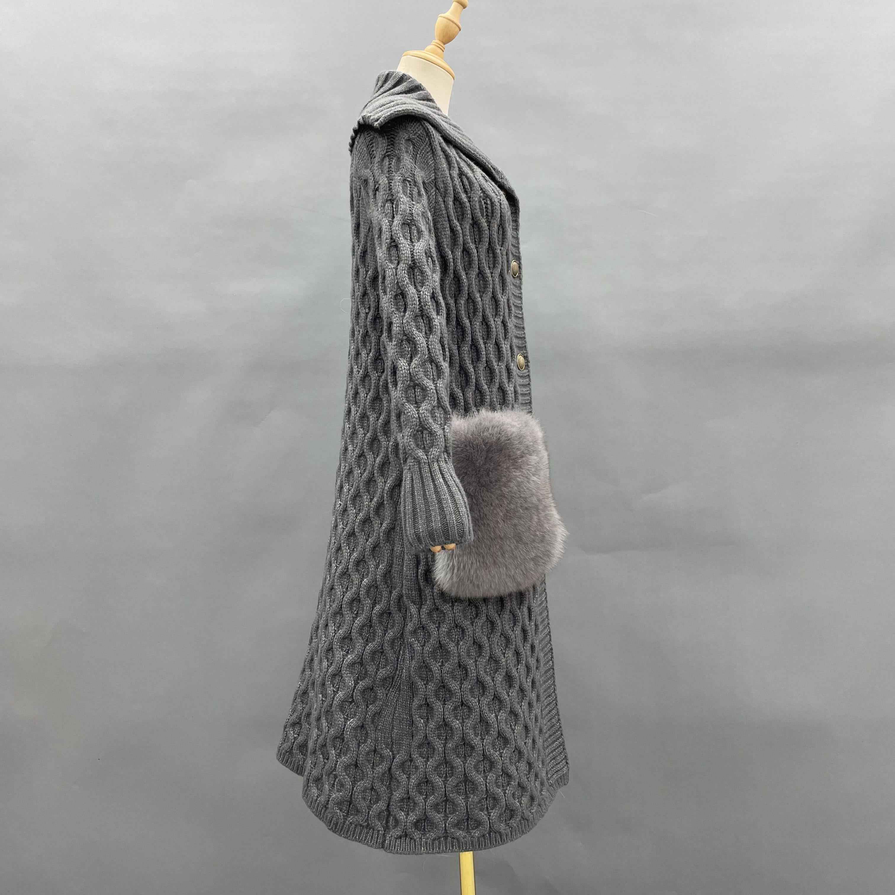 Women's Oversized Shawl Collar Knee-Length Knitted Coat with Fur-Trimmed Pockets - Luxe Winter Outerwear