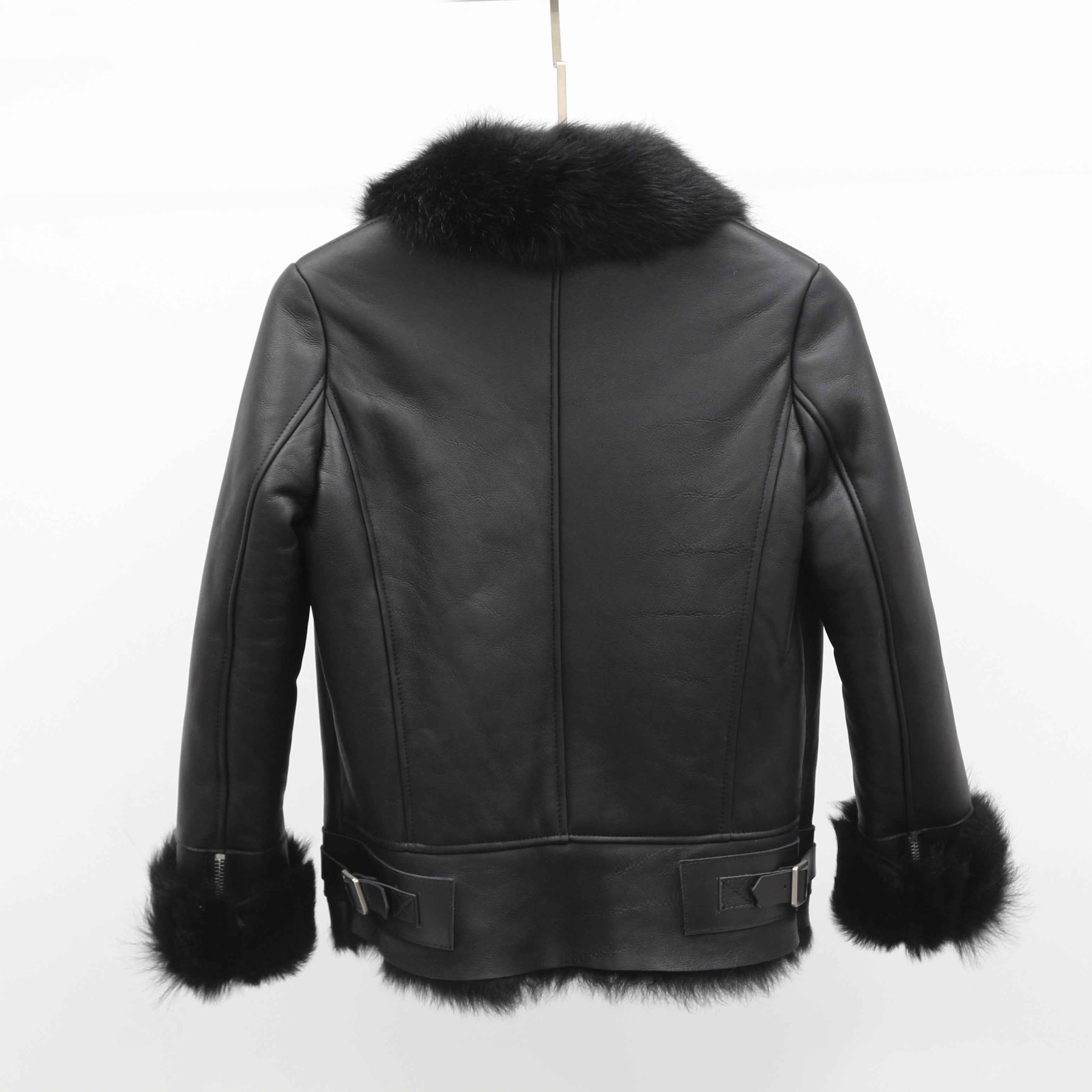 Women's Shearling Leather Jacket with Fur-Trimmed Collar & Cuffs, Zippered Cuffs, and Decorative Hem Buckles - Luxe Winter Outerwear