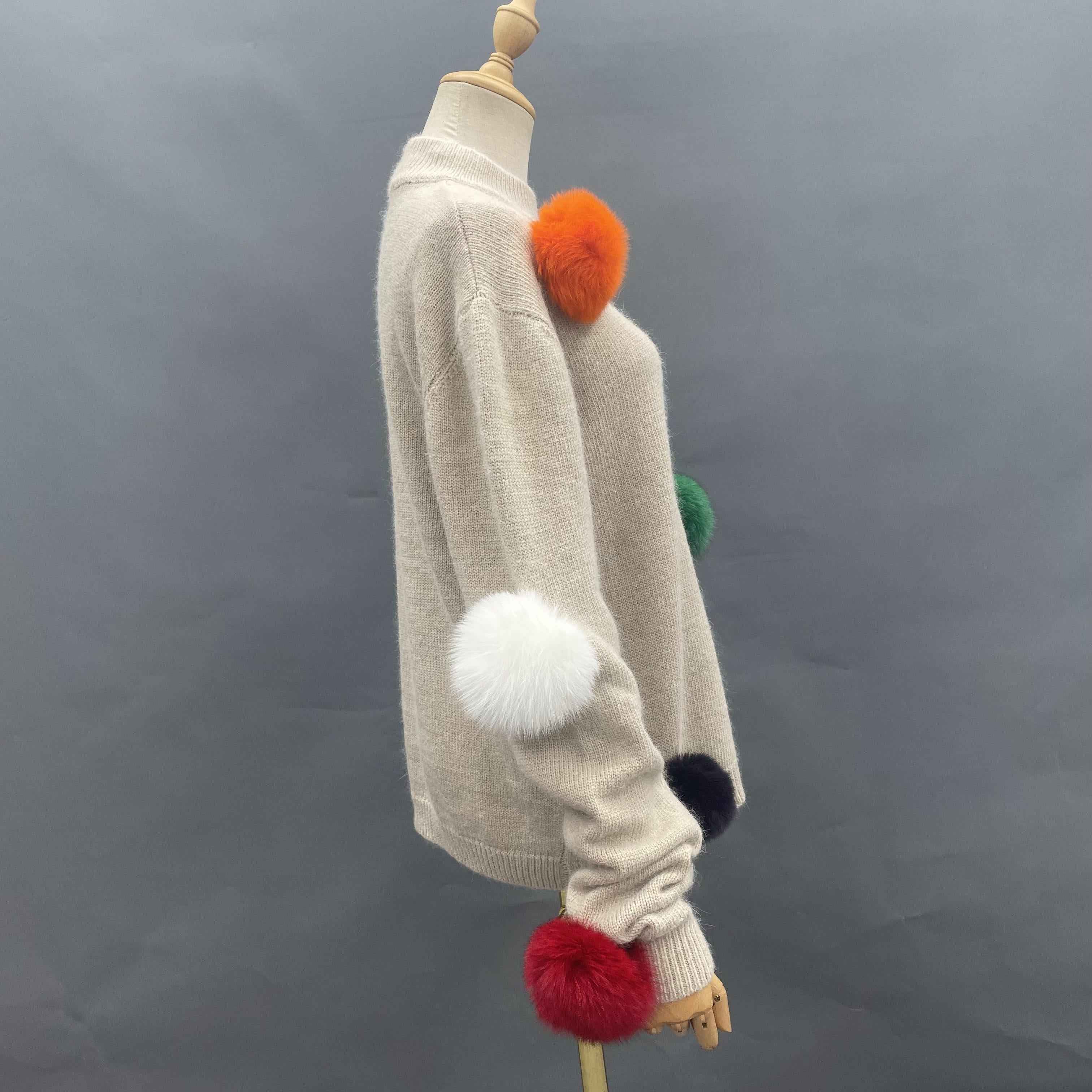Women's Detachable Colorful Fur Pom-Pom Knitted Sweater - Versatile Casual Fashion Piece