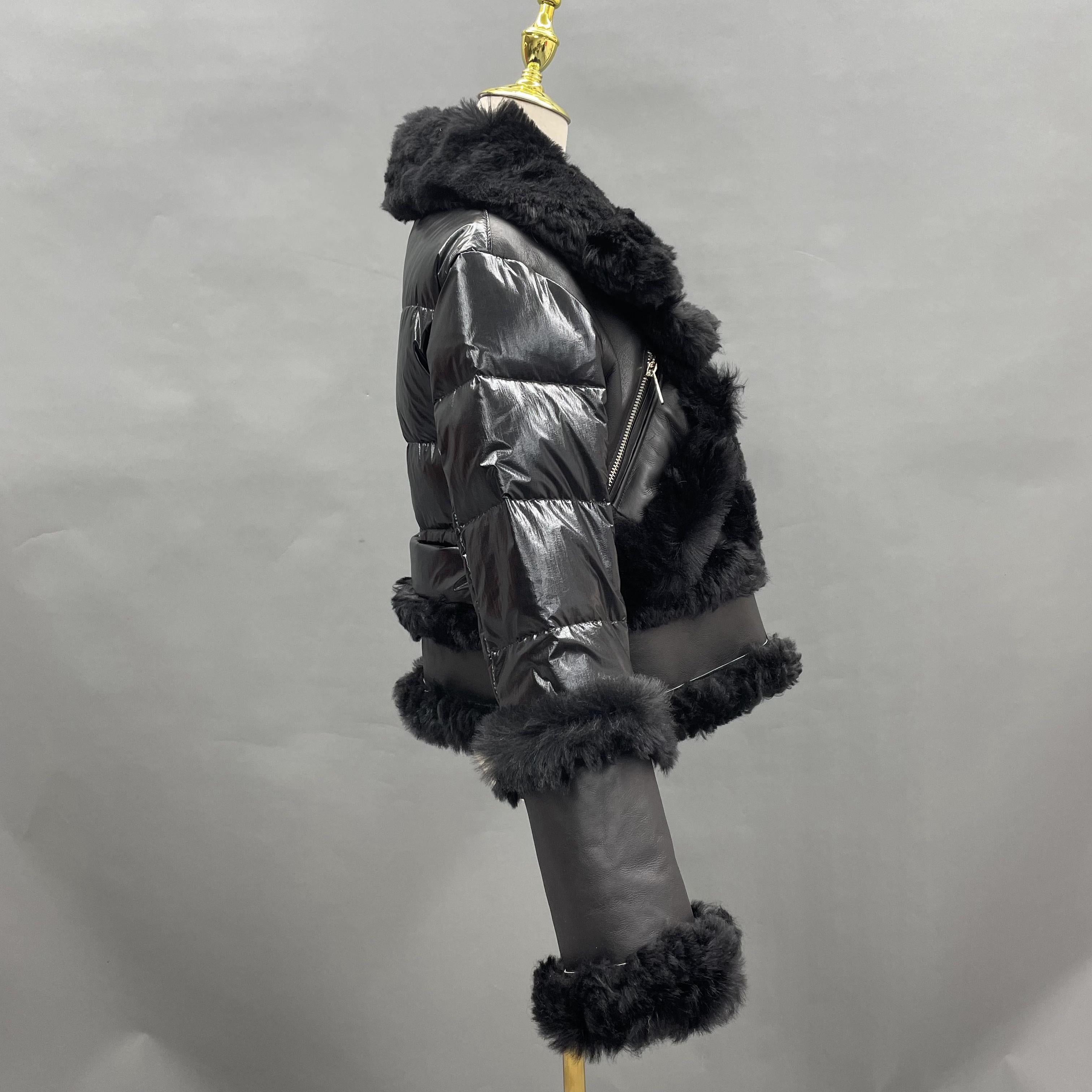 Women's Black Down & Shearling Biker Jacket with Fox Fur Trim - Edgy Winter Outerwear