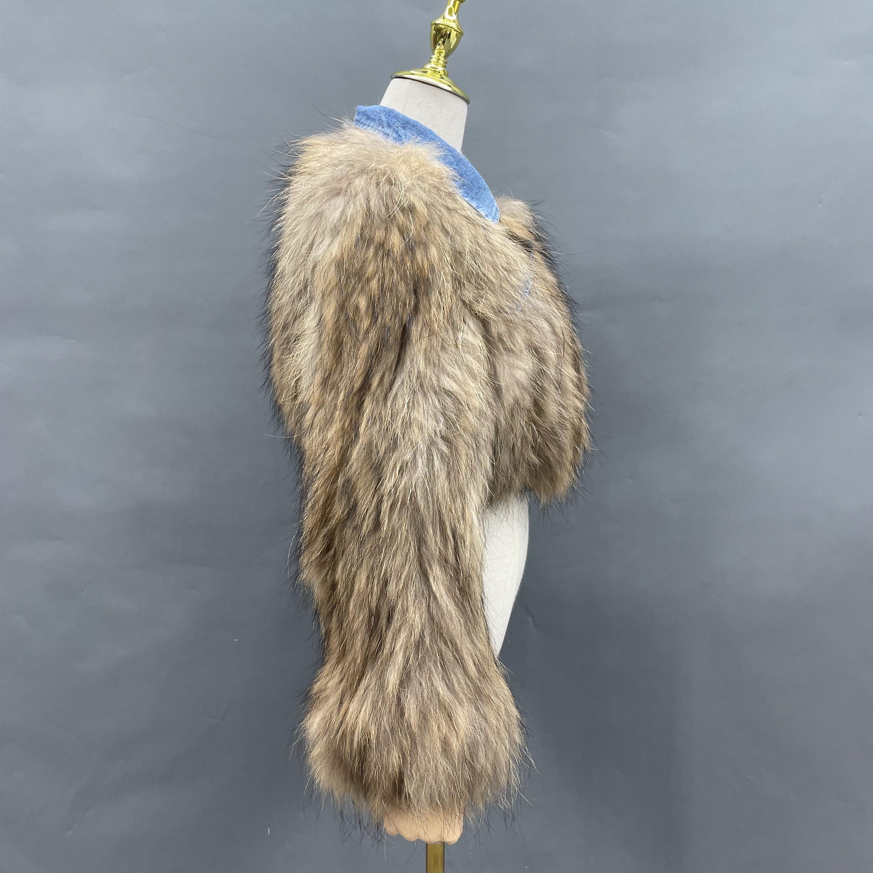 Women's Luxurious Knitted Raccoon Dog Fur Cropped Jacket with Denim Collar & Details - Edgy Winter Outerwear