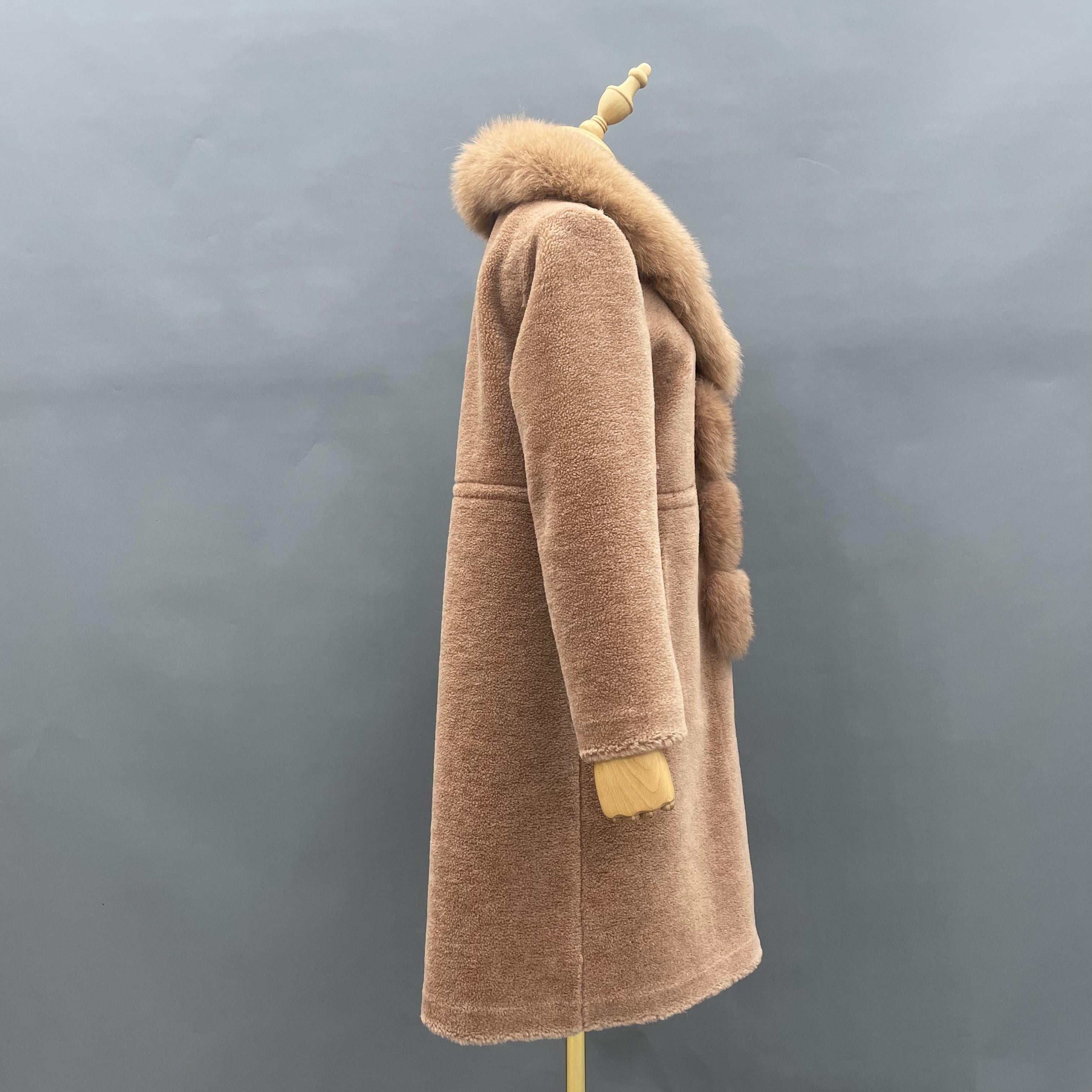 Women's Camel Shearling Long Coat with Shawl Collar, Fox Fur Trim & Waist-Tie Detail - Luxurious Winter Outerwear