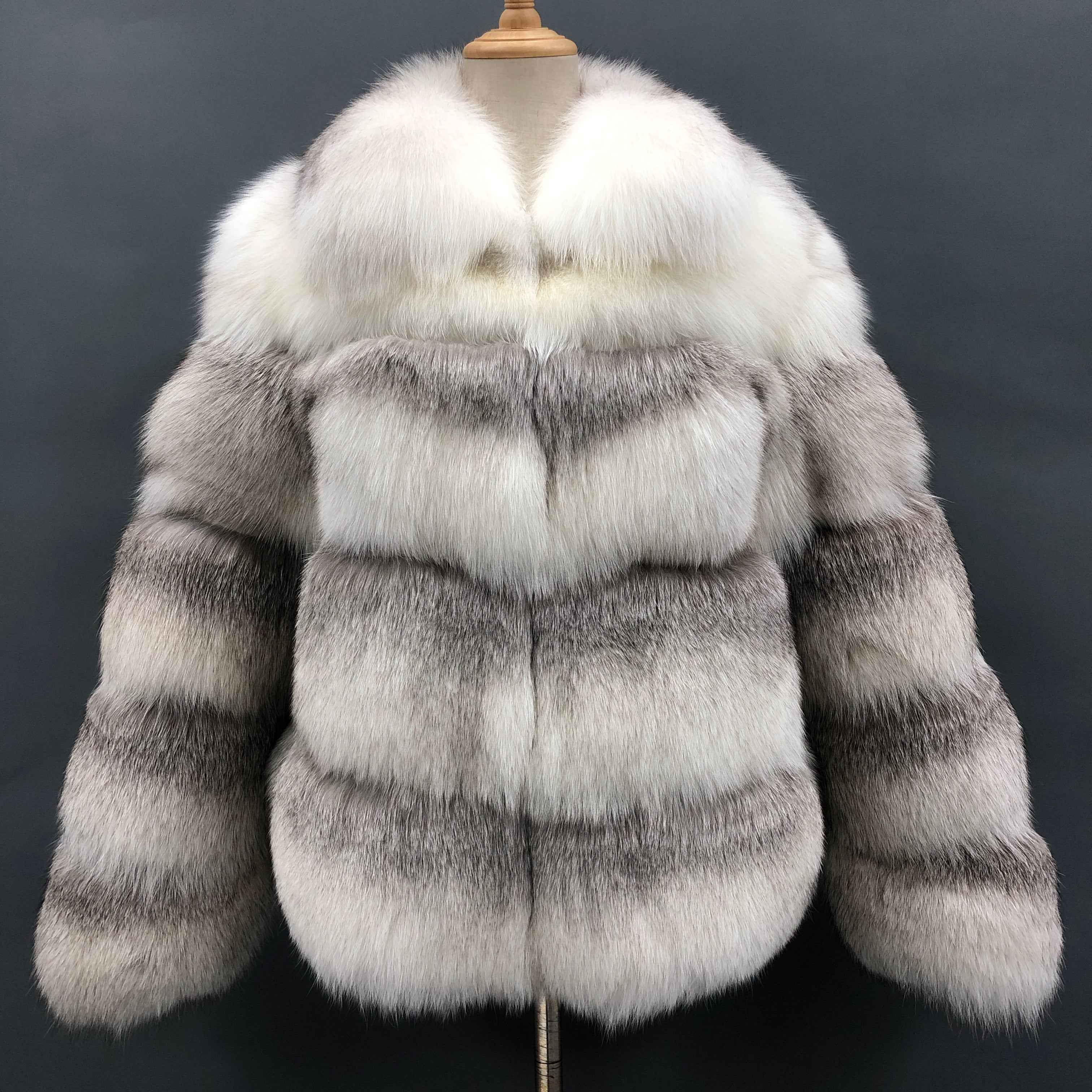 High-quality Gradient Fox Fur Coat with Lapel Collar & Layered Patchwork