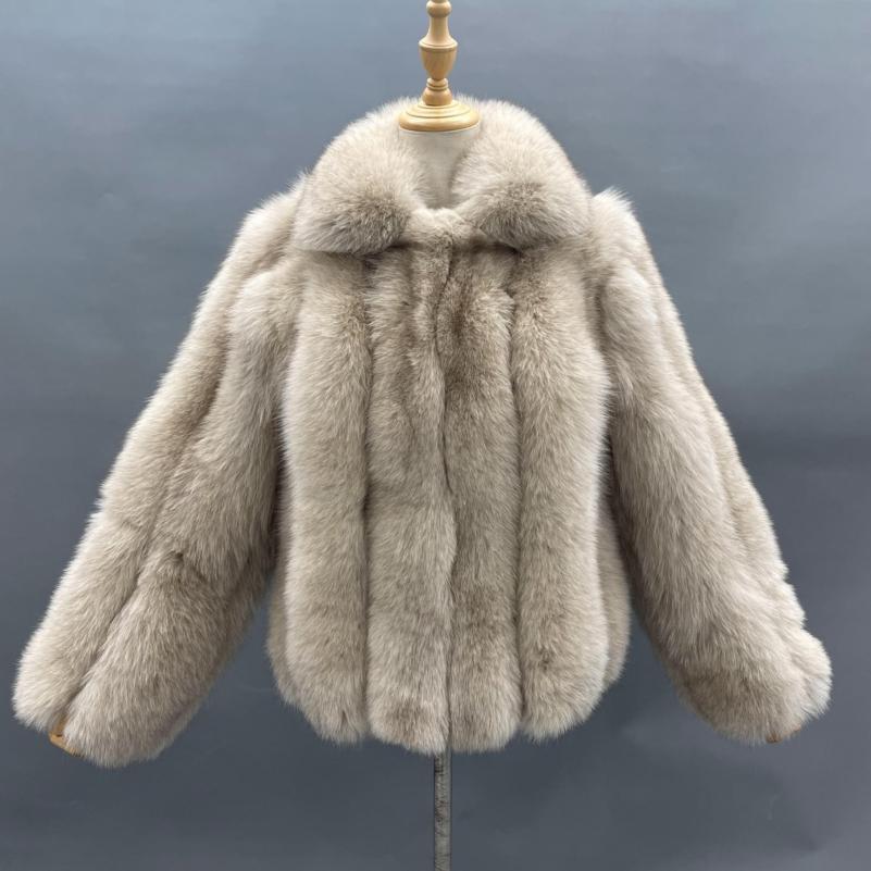 Winter Lapel Plush Vertical Stripe True Fox Fur Women's Coat Beige