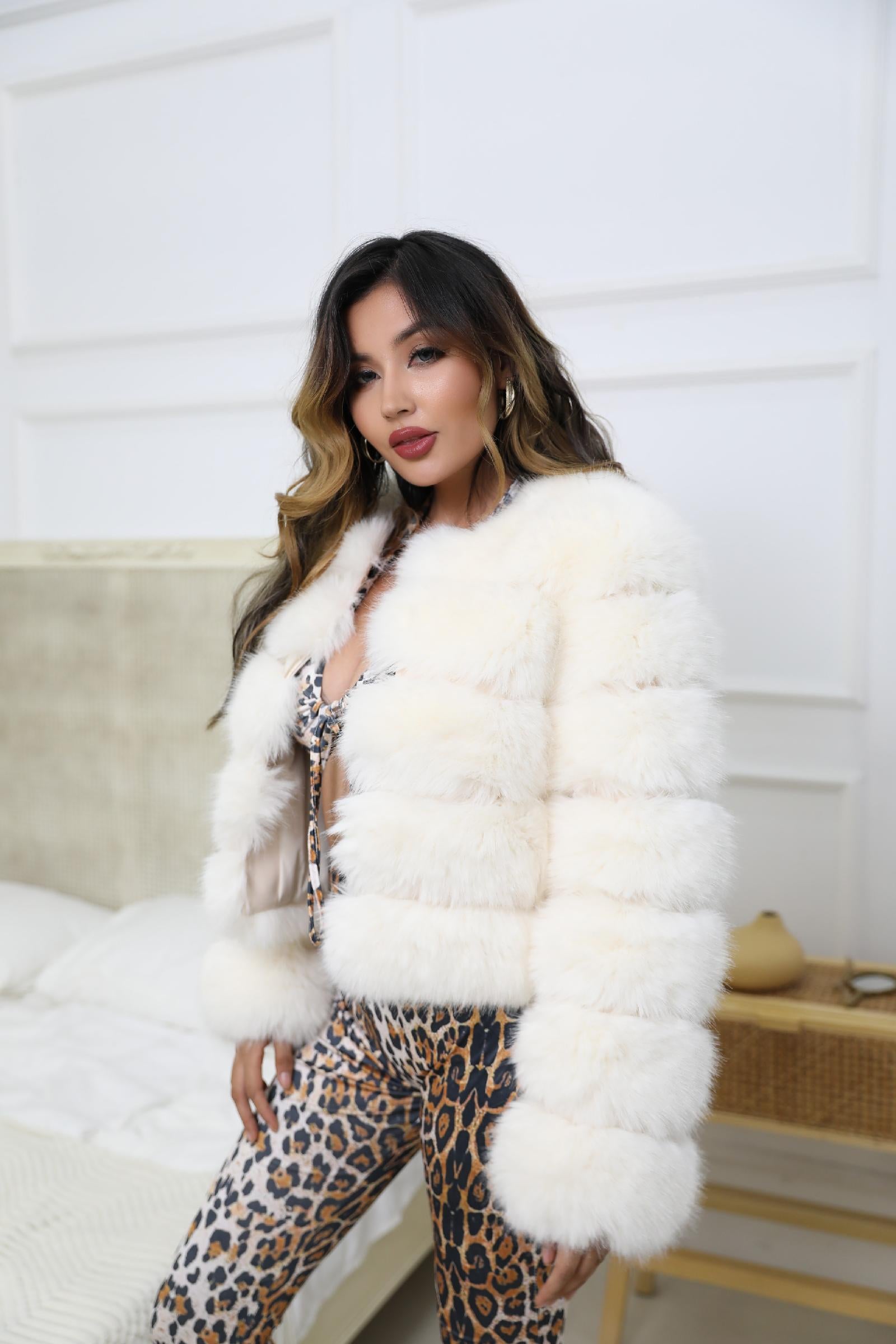 Women's Short Striped Faux Fur Coat Eco Fur Jacket 1