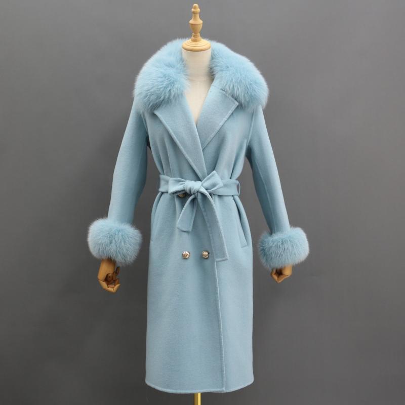 Women's Long Cashmere Coat With Fox Fur Collar And Belt Dusty Blue