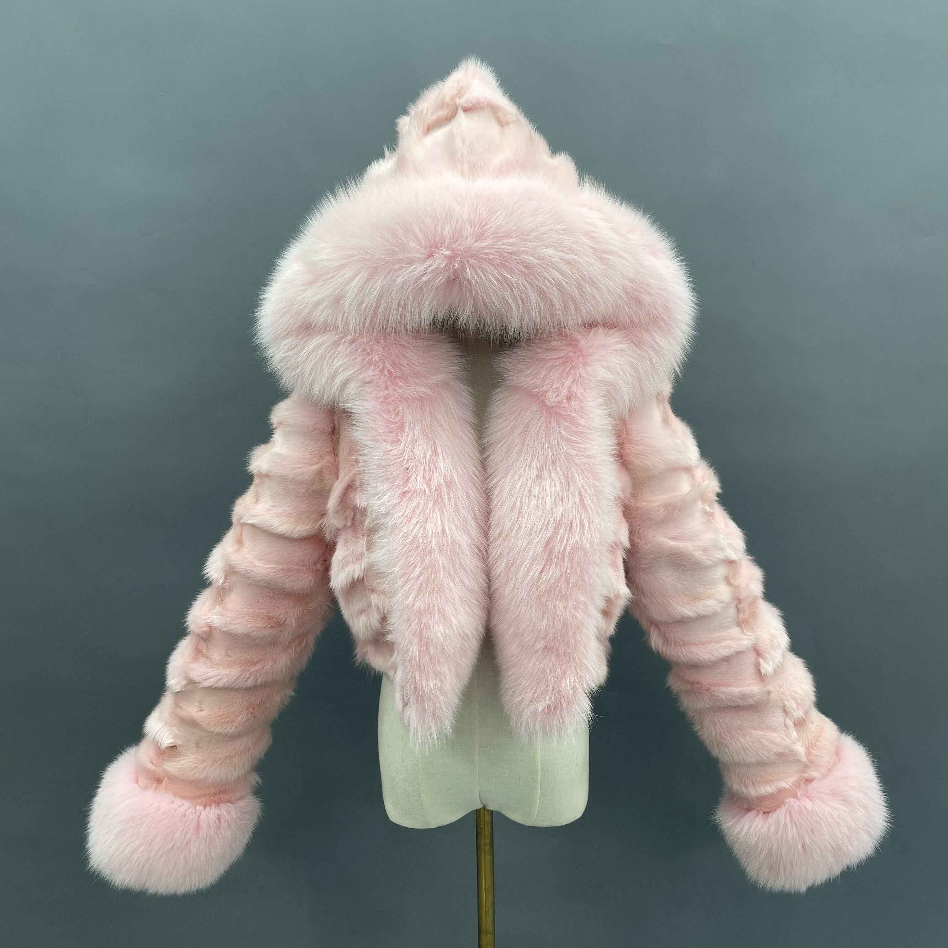 Fox Fur Coat for Women Luxurious Fox Fur Placket Hooded Zippered Jacket Light pink