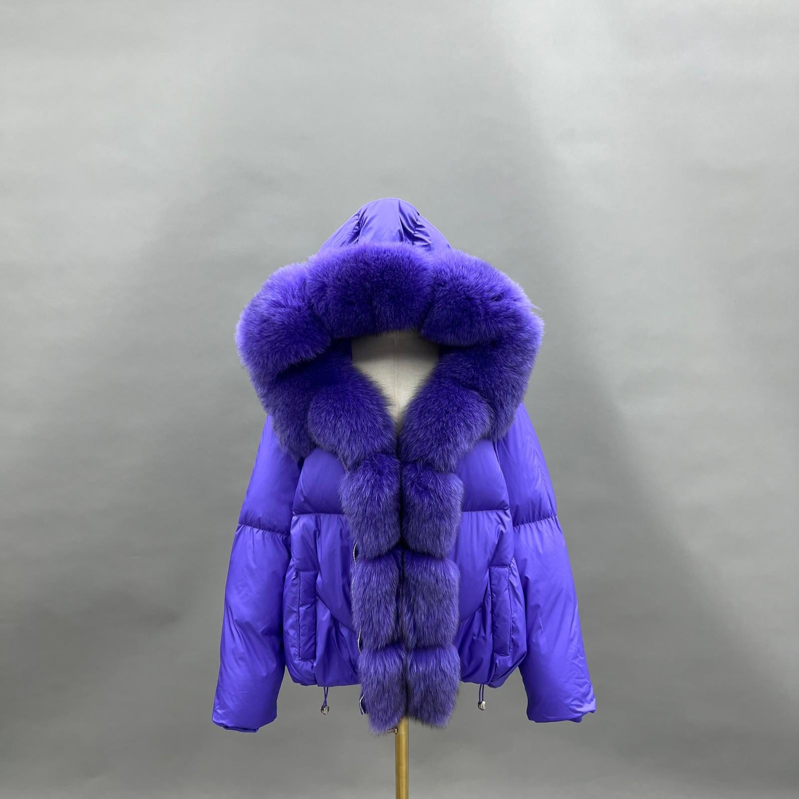 Goose Down-Lined Women's Segmented Fox Fur Placket Hooded Down Jacket