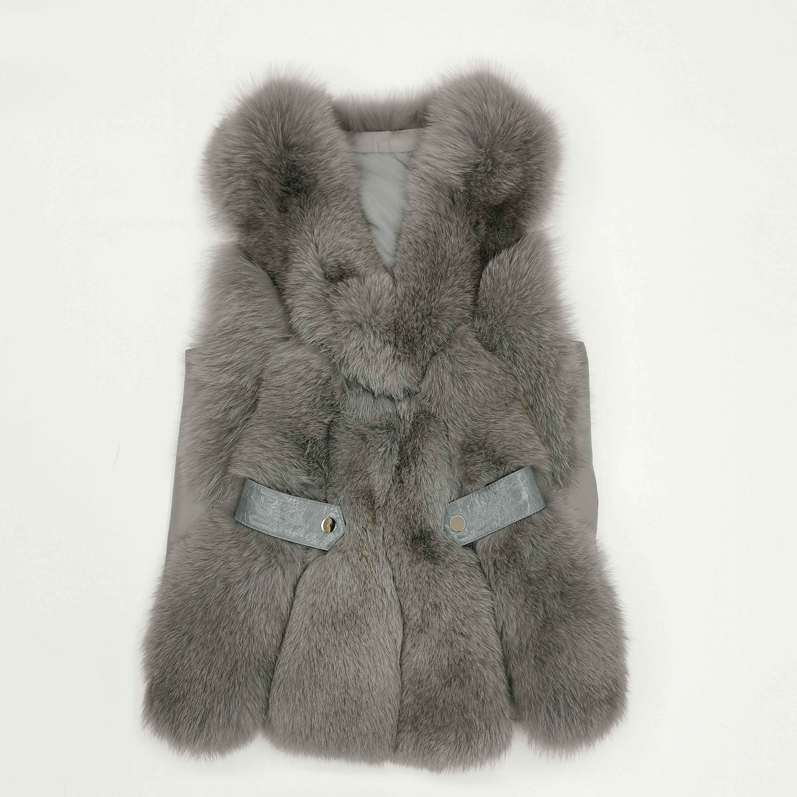 Women's Fox Fur Vest with Leather Loop Detail - Relaxed Style Outerwear Grey