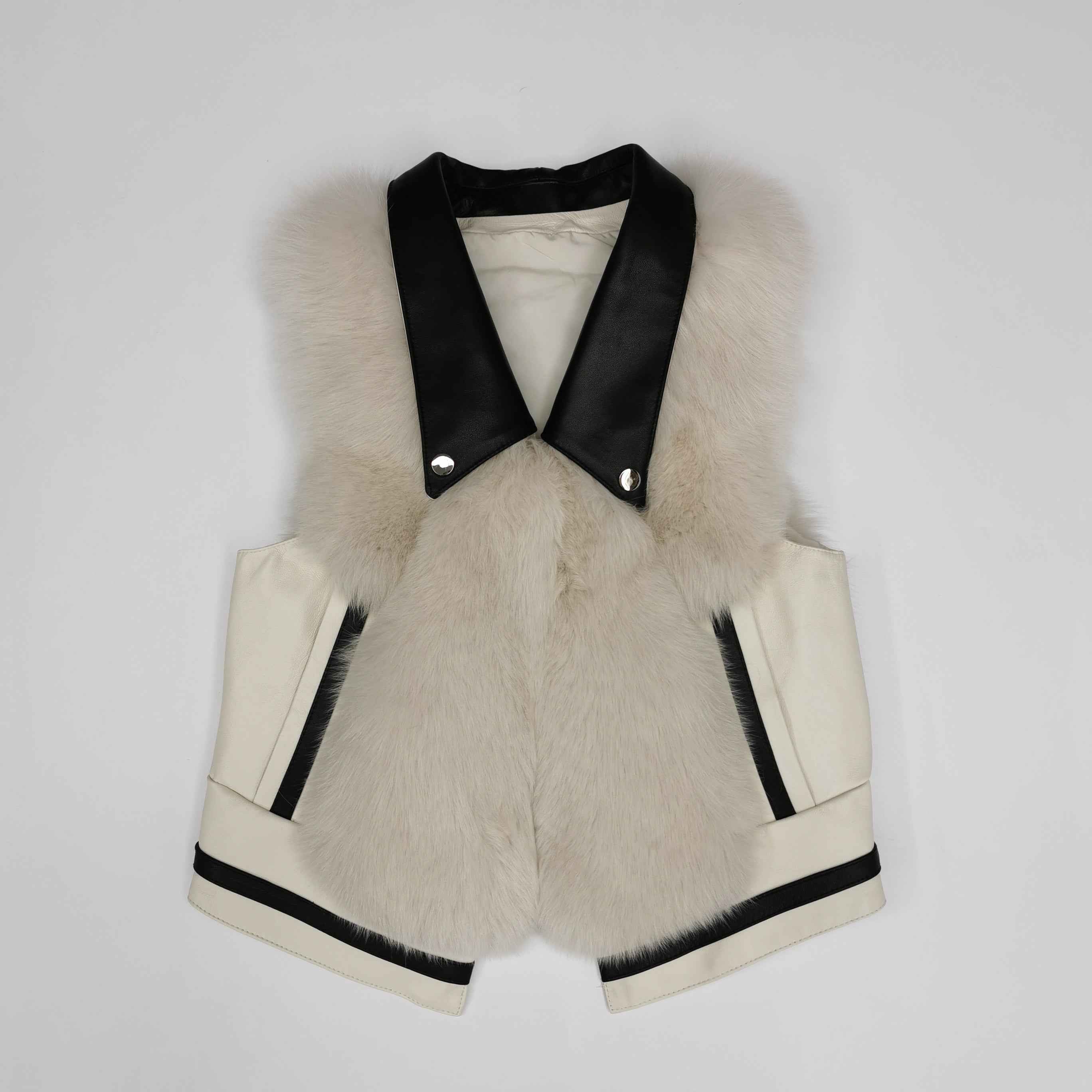 Women's Designer Fox Fur Vest - Notched Lapel Patch Pocket Outerwear White