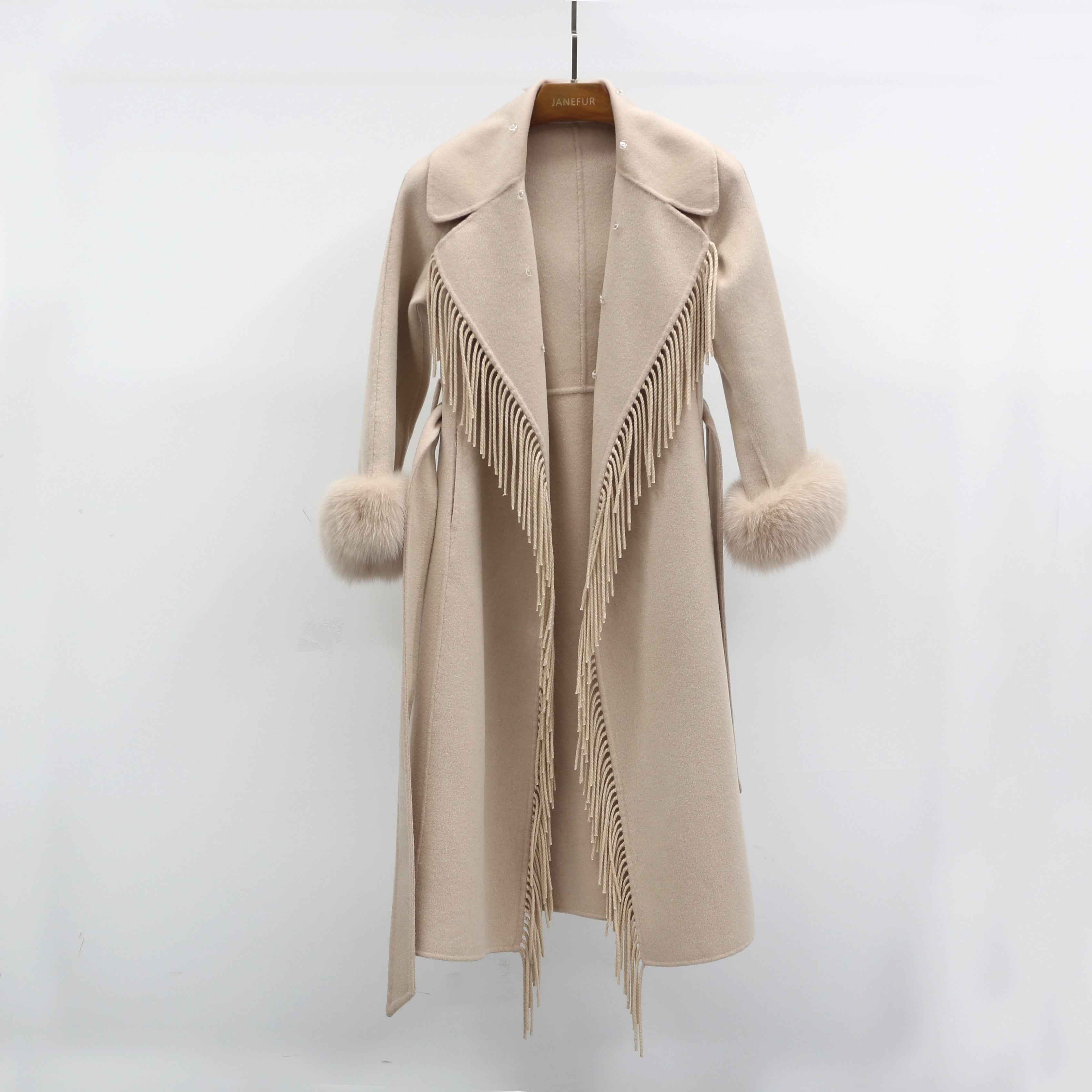 Women's Luxury Double - Faced Wool Coat with Fringe Detailing, Fox Fur Collar and Cuffs, Belted Elegant Winter Outerwear Beige