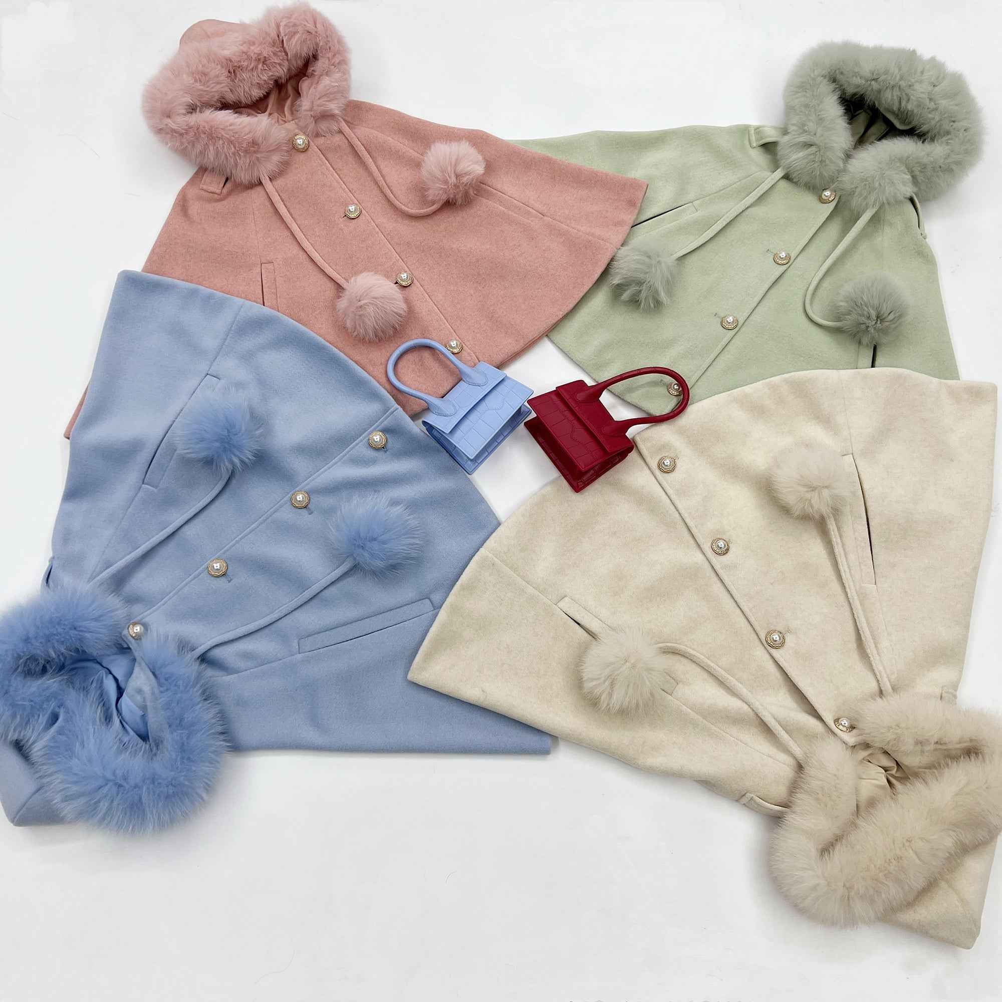 Kids fox fur trimmed pompom hooded cape