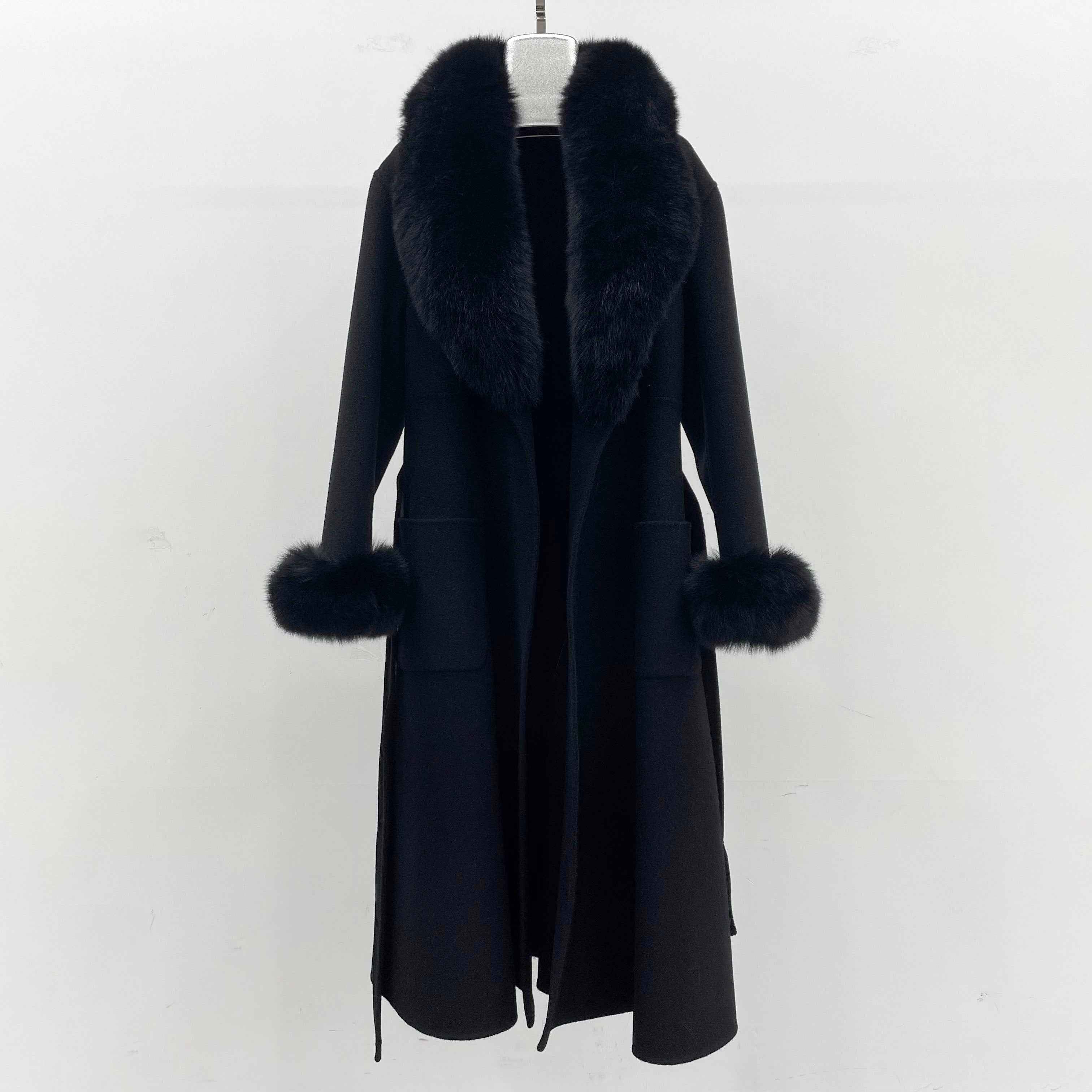 Women's Luxury Double - Faced Wool Coat with Fox Fur Collar, Flared Skirt & Straight Pockets, Elegant Winter Outerwear Black