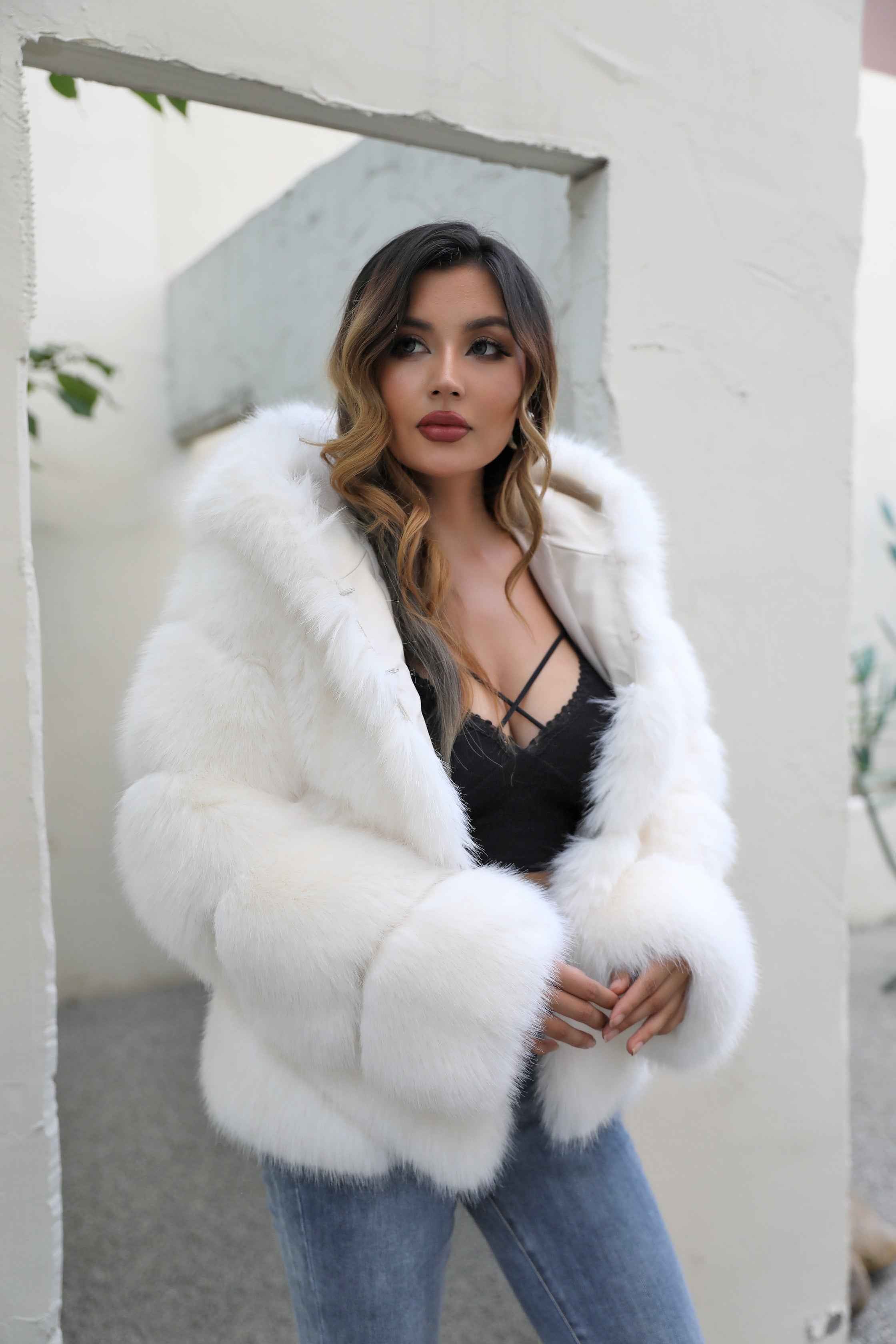 Women's 5-Panel Sleeve Hooded Faux Fur Coat with Diagonal Stripes - Highly Realistic Luxury Winter Outerwear