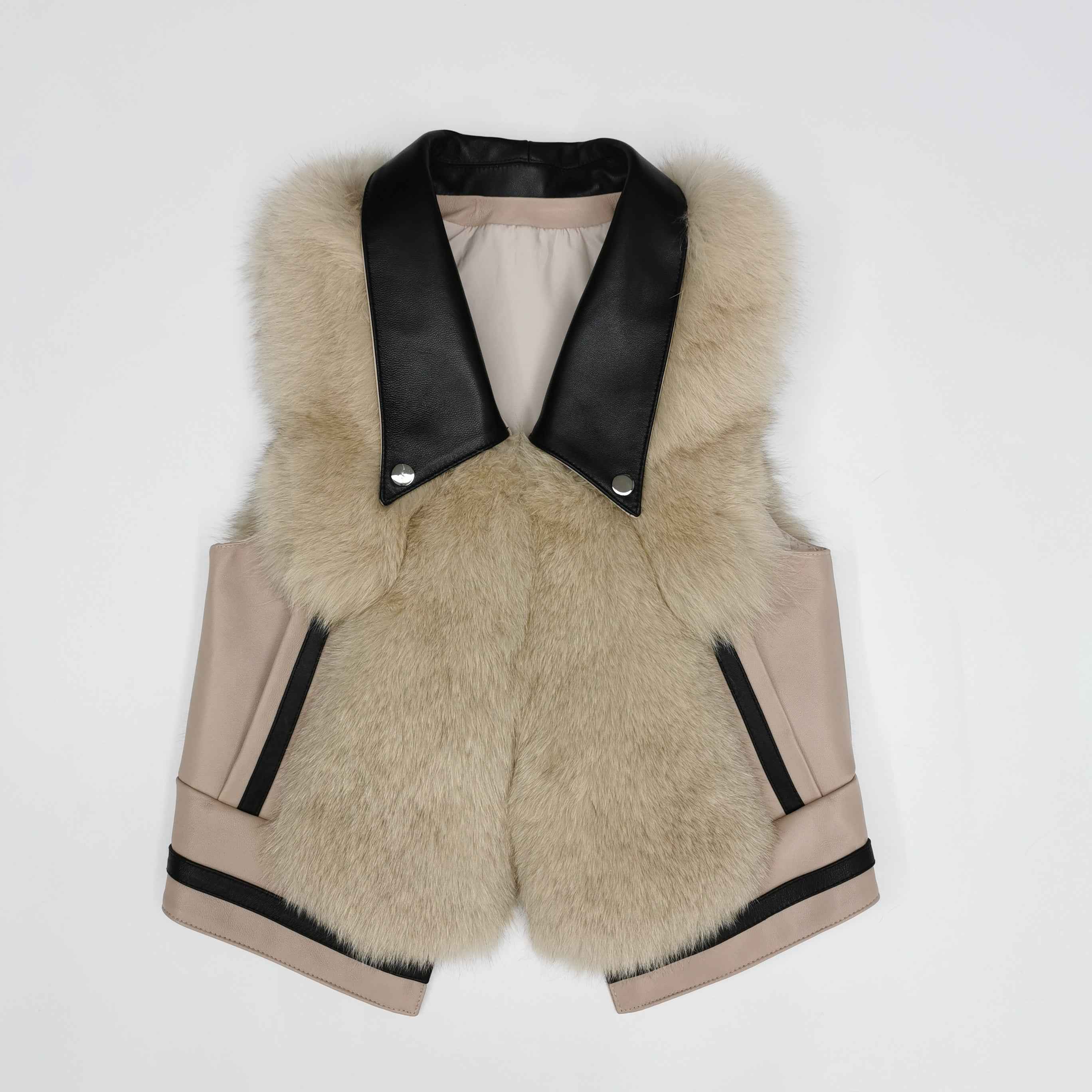 Women's Designer Fox Fur Vest - Notched Lapel Patch Pocket Outerwear Beige