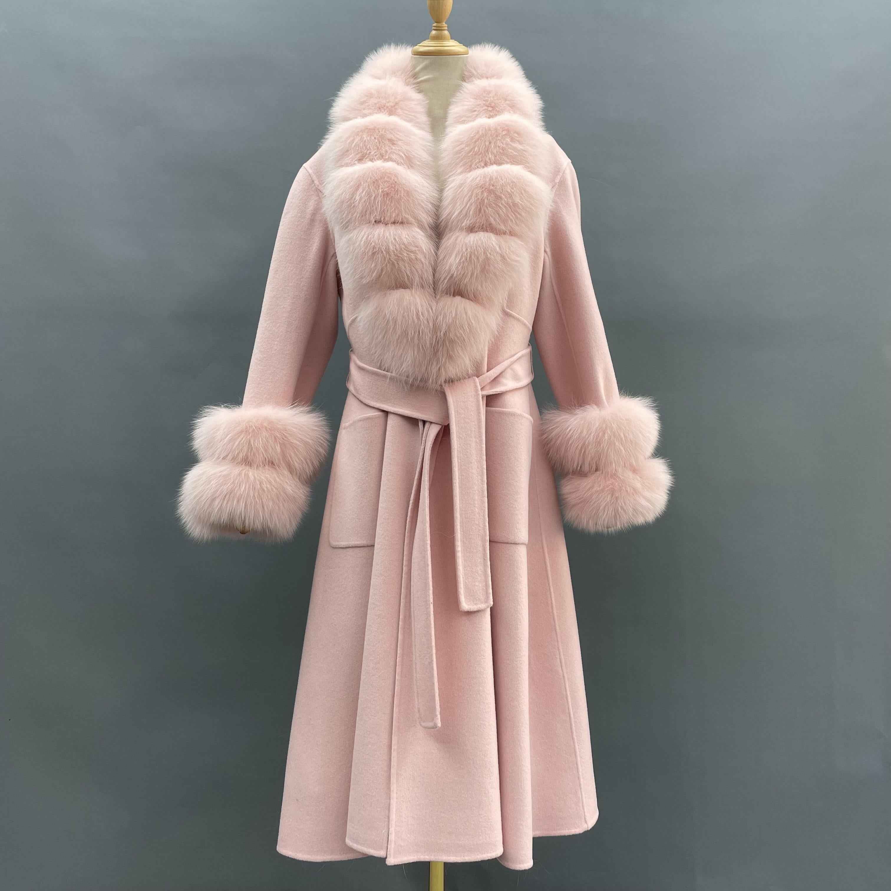 Women's Luxury Double - Faced Wool Coat with Segmented Fox Fur Collar, Two - Section Cuffs, Flared Skirt & Belt Light Pink