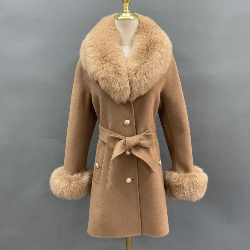 Single Breasted Lace-up Cashmere Coat Brown