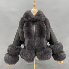 Women's Leather Coat With Fox Fur Collar Zipper Black