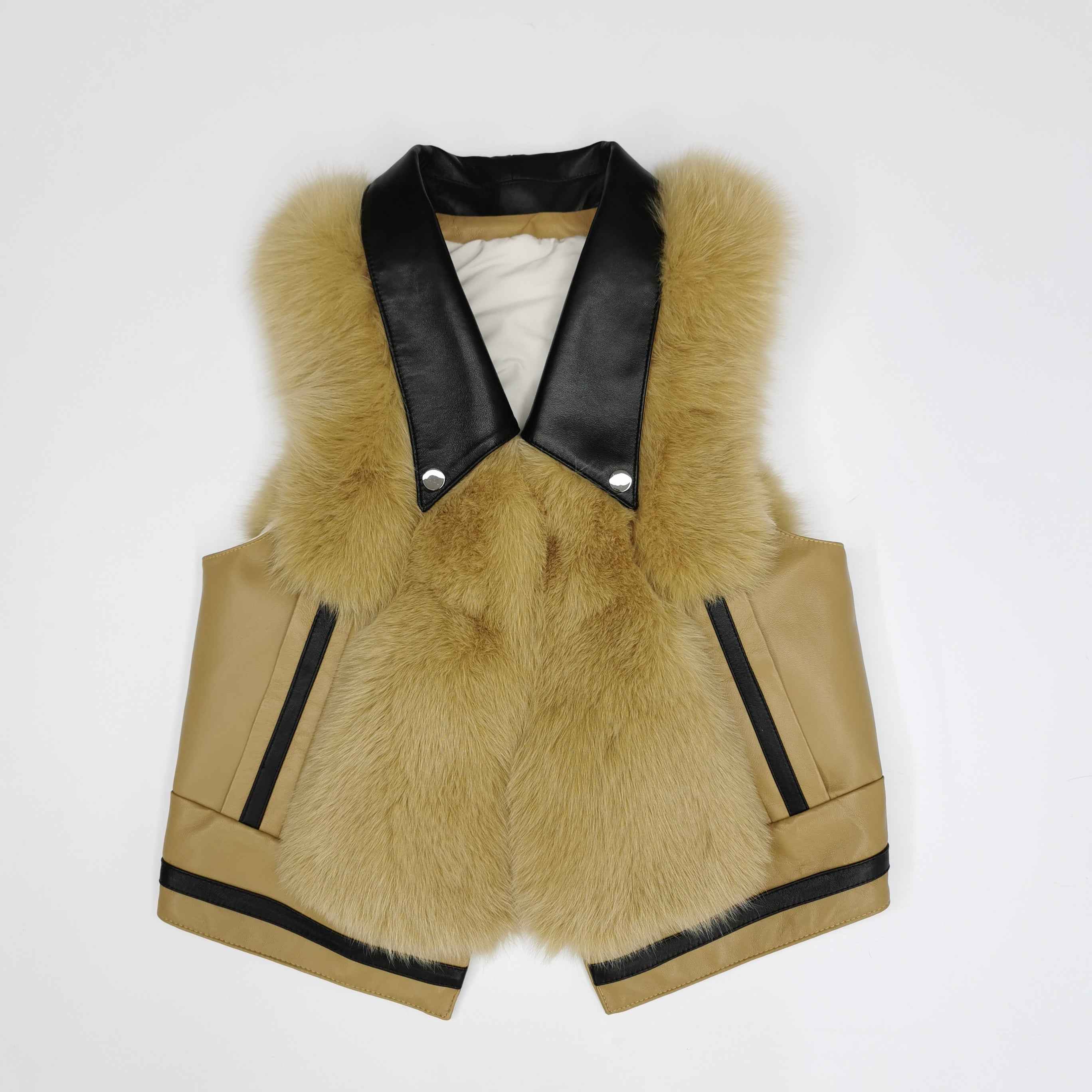 Women's Designer Fox Fur Vest - Notched Lapel Patch Pocket Outerwear Yellow