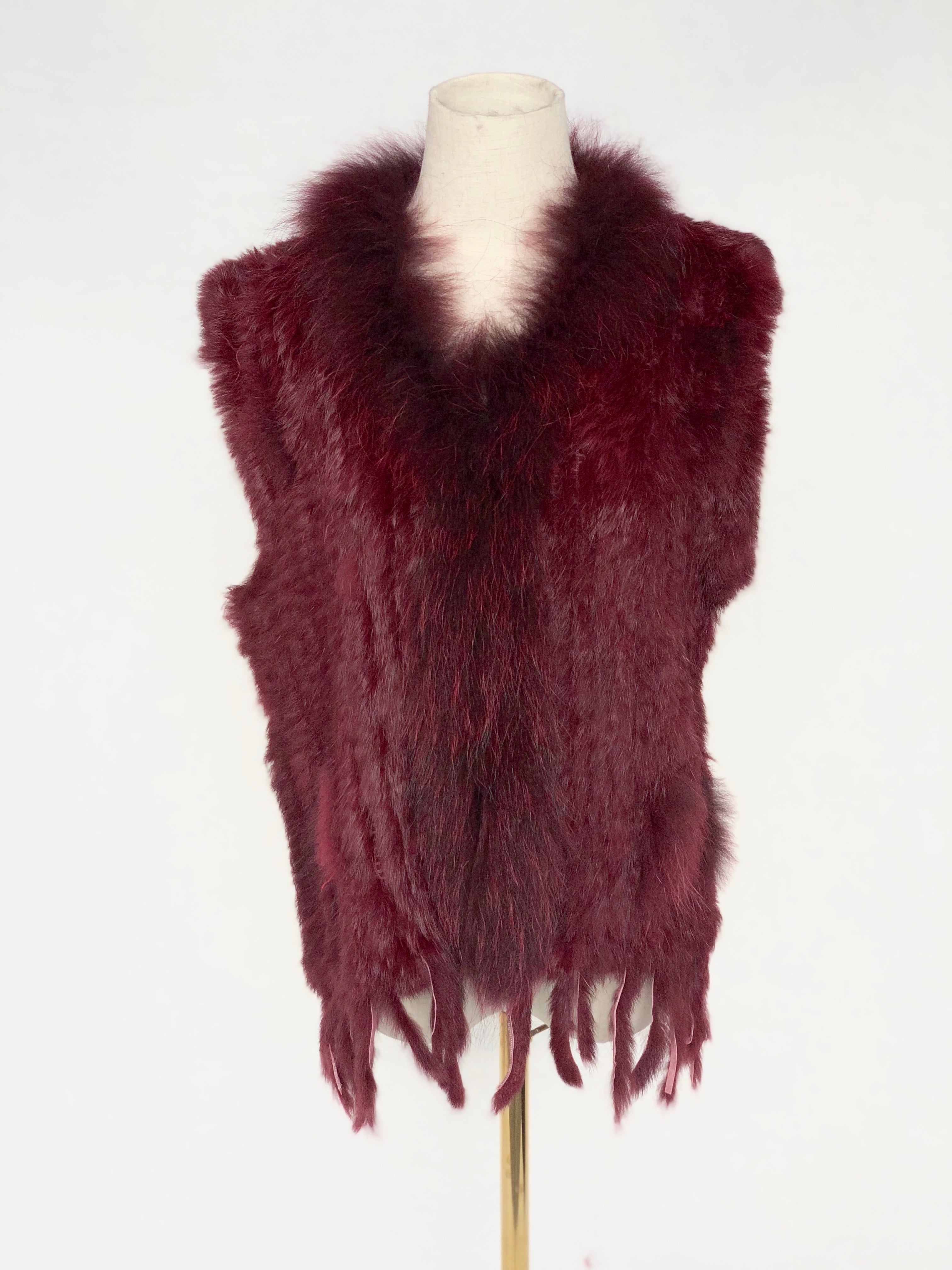 Women's Fuchsia Knitted Rabbit & Fox Fur Vest with Ragged Tramp Style & Fringe Details - Luxe Statement Outerwear