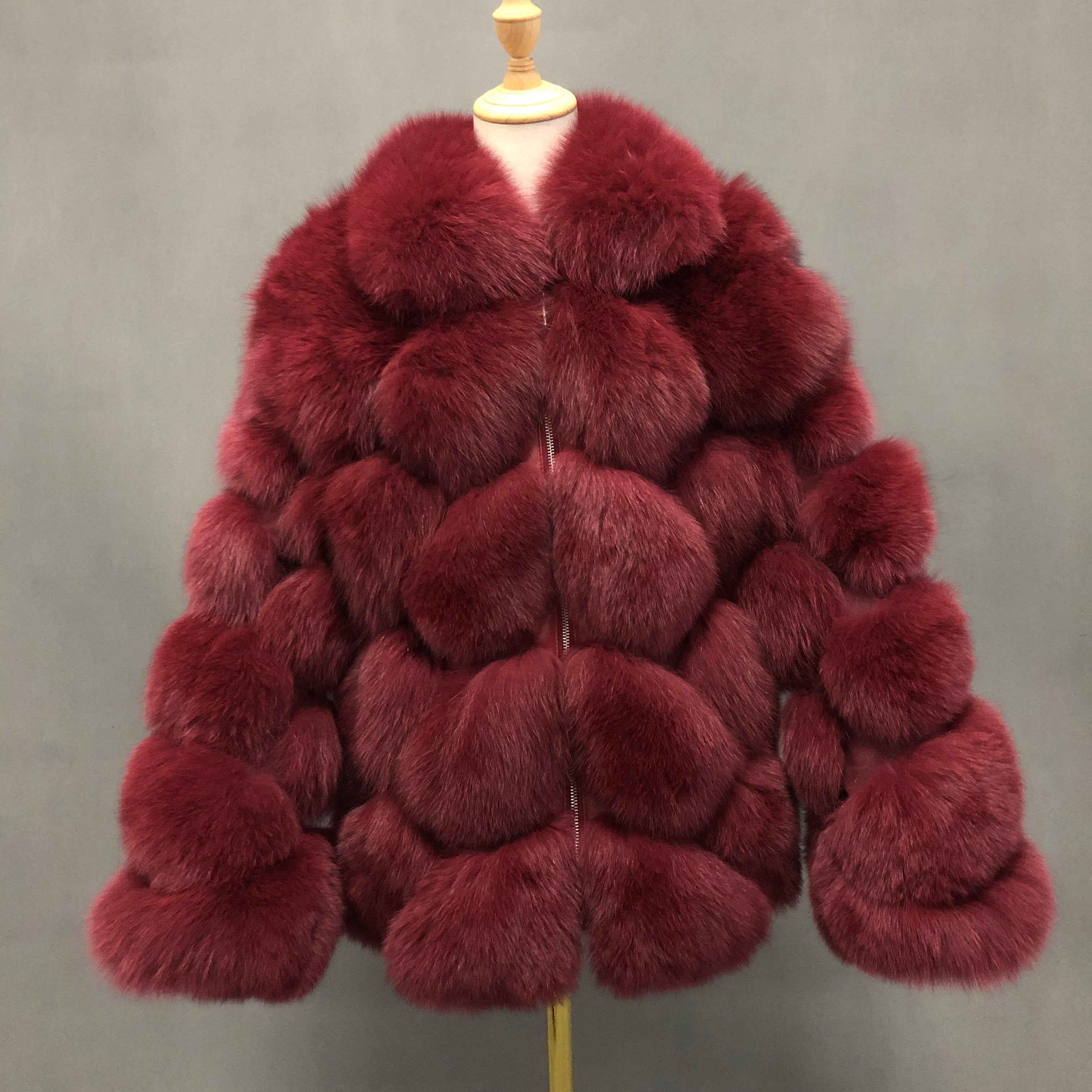 Women's Luxury Fox Fur Coat with Diamond Pattern - Winter Warm Fashion Fur Jacket Wine
