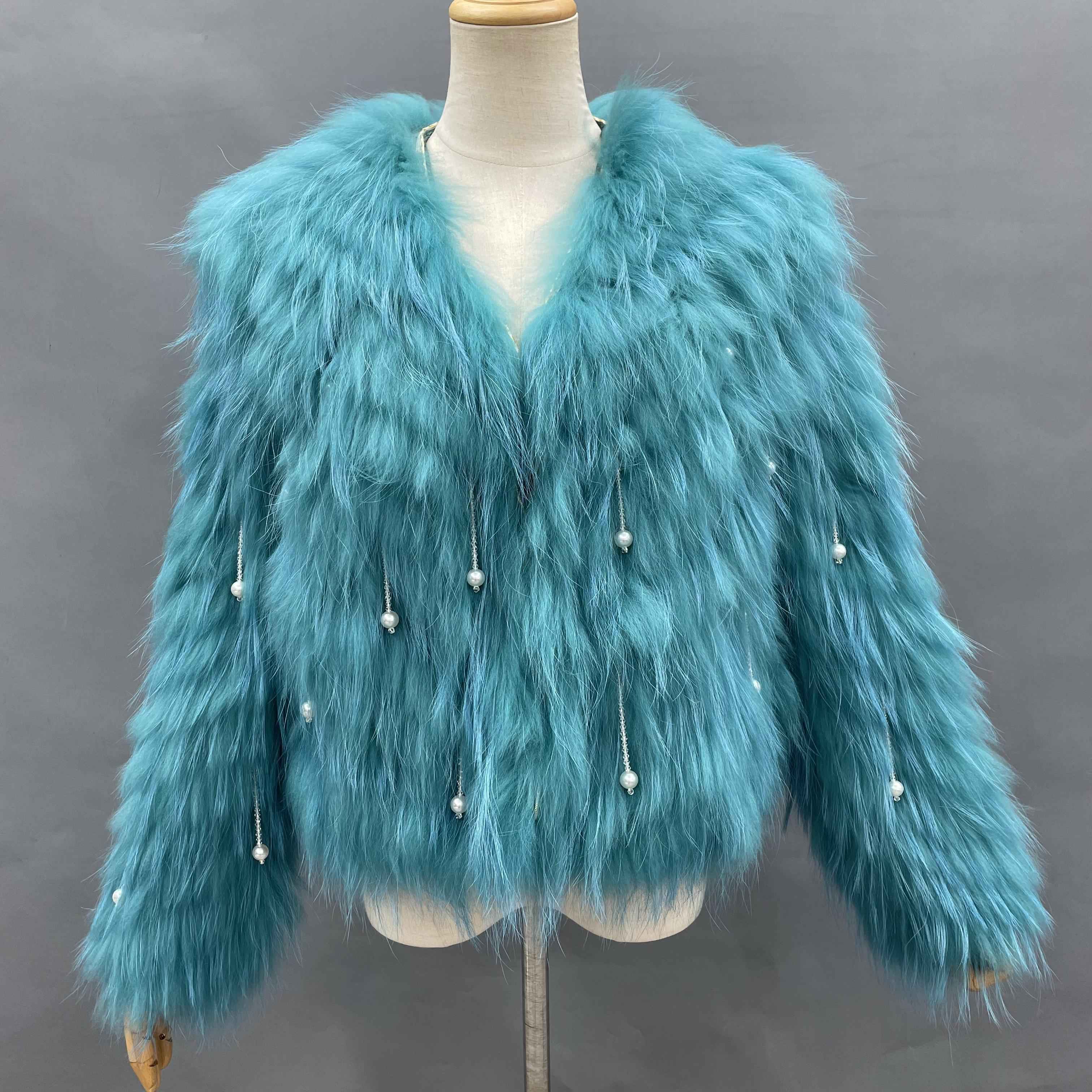 Women's Glam Turquoise Raccoon Fur Jacket - Pearl Tassel Striped Cropped Party Outerwear Turquoise F-CHEST 100