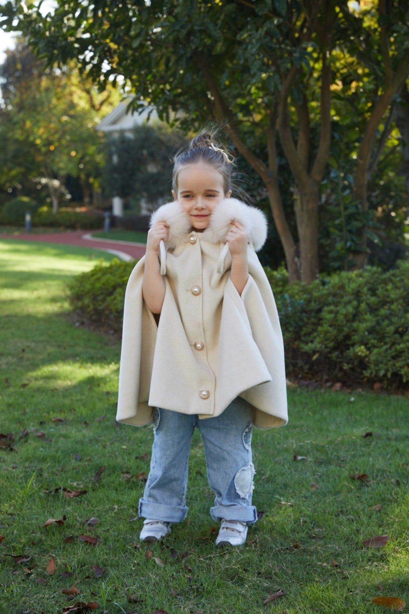 New Children's Double Fur Ball Hooded Poncho Shawl