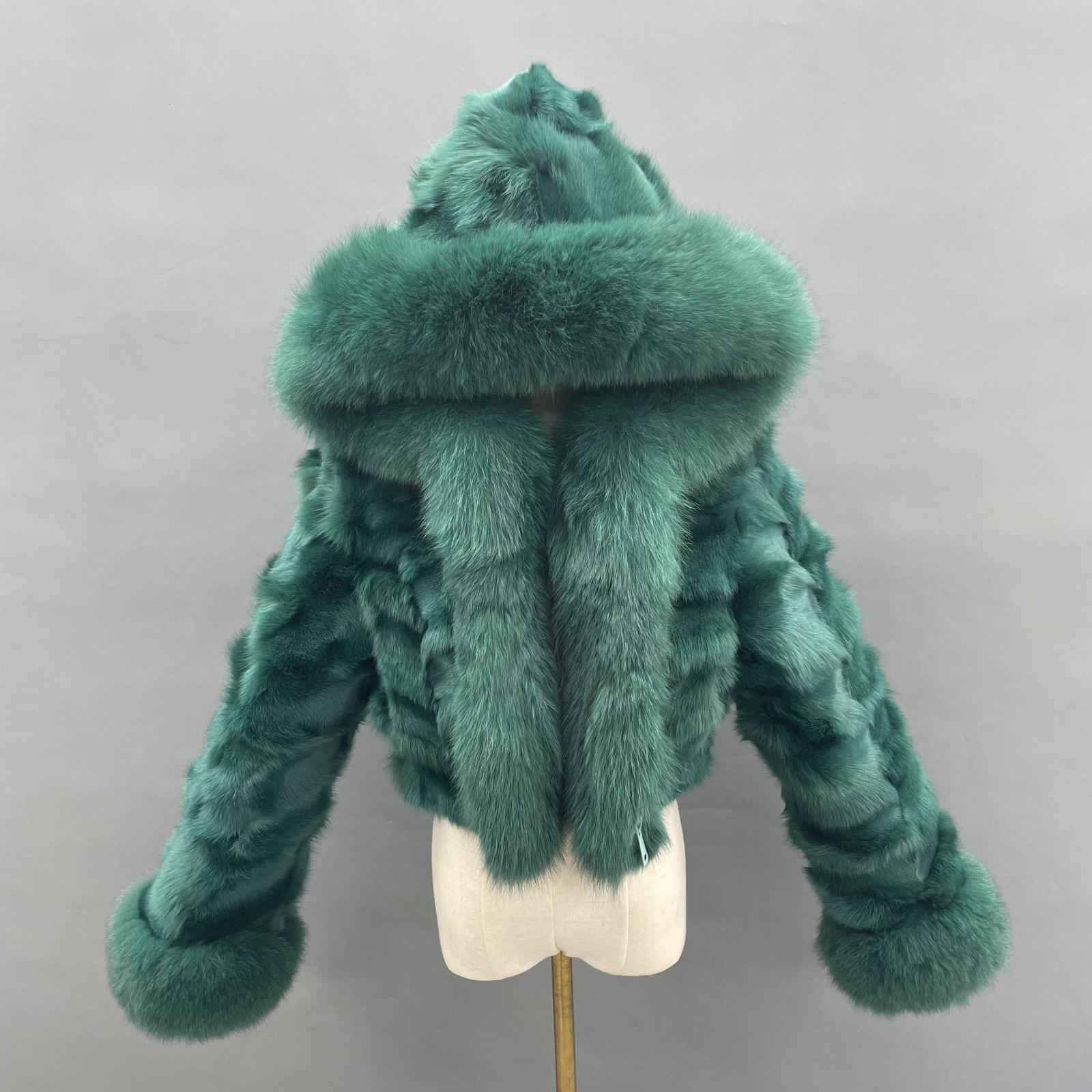 Fox Fur Coat for Women Luxurious Fox Fur Placket Hooded Zippered Jacket Dark Green