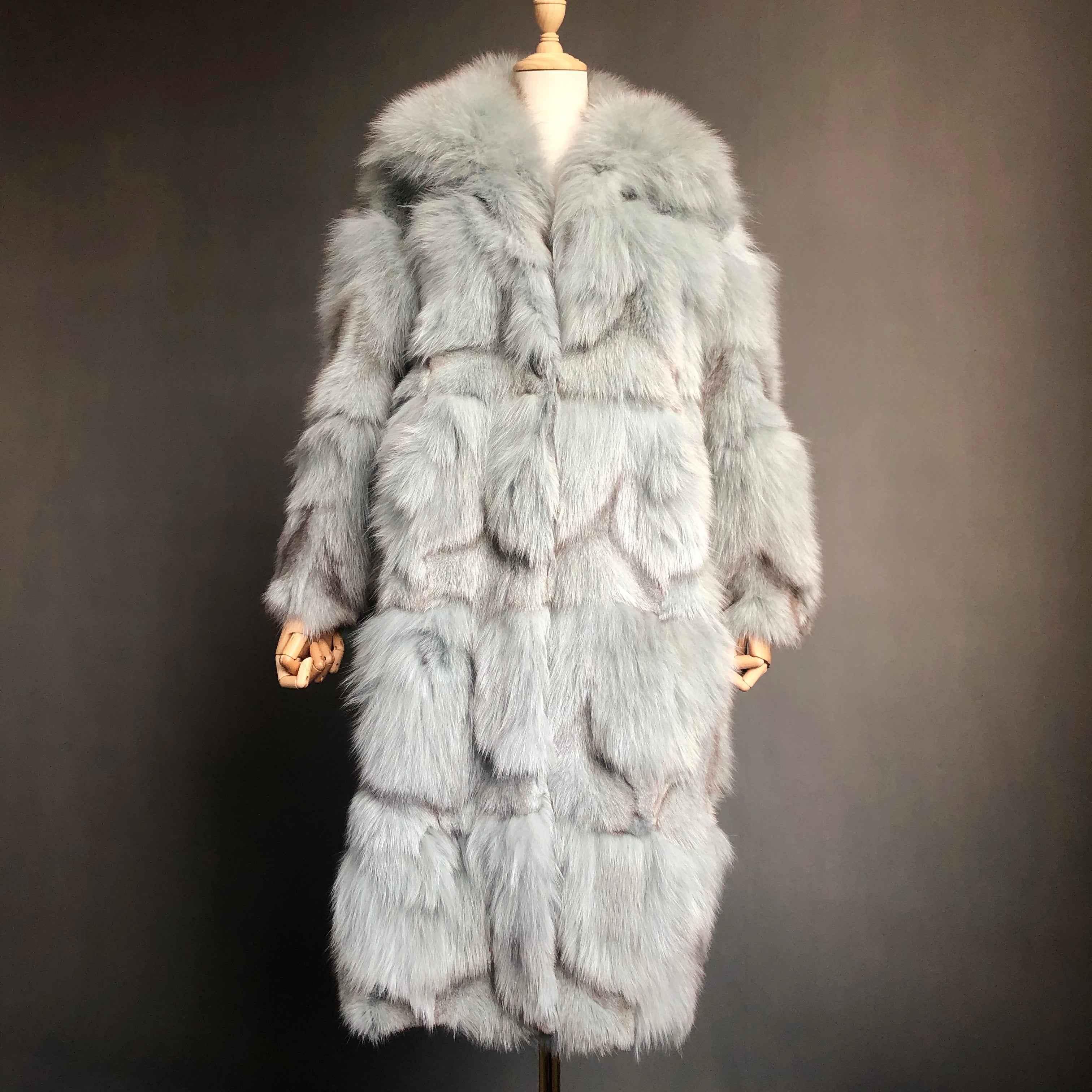 Oversized Fox Fur Long Coat with Fluffy Layers - Women's Winter Maxi Coat Light Green