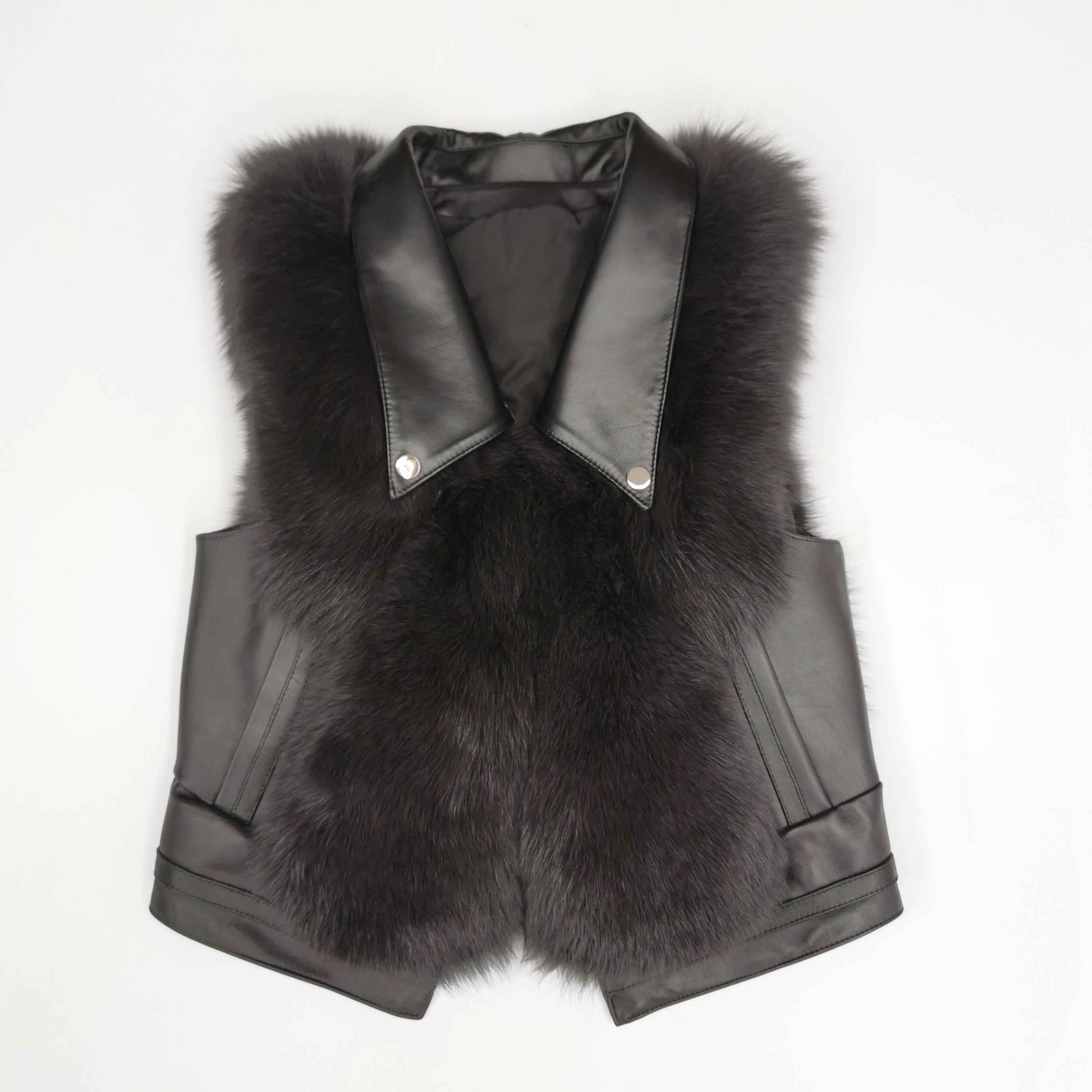 Women's Designer Fox Fur Vest - Notched Lapel Patch Pocket Outerwear Black