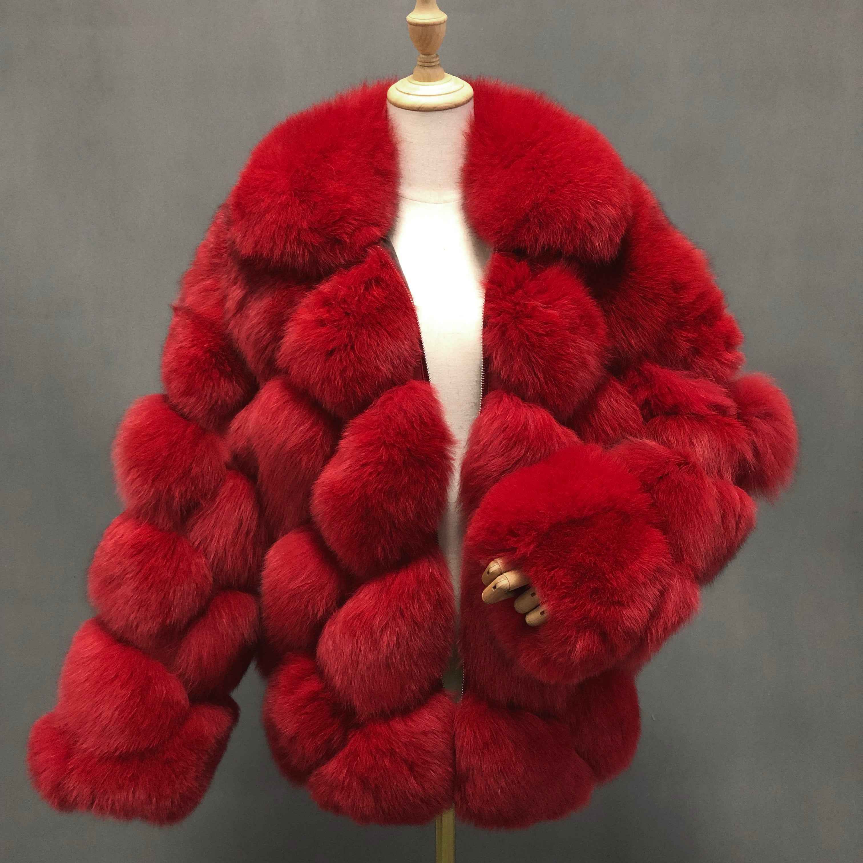 Women's Luxury Fox Fur Coat with Diamond Pattern - Winter Warm Fashion Fur Jacket Red