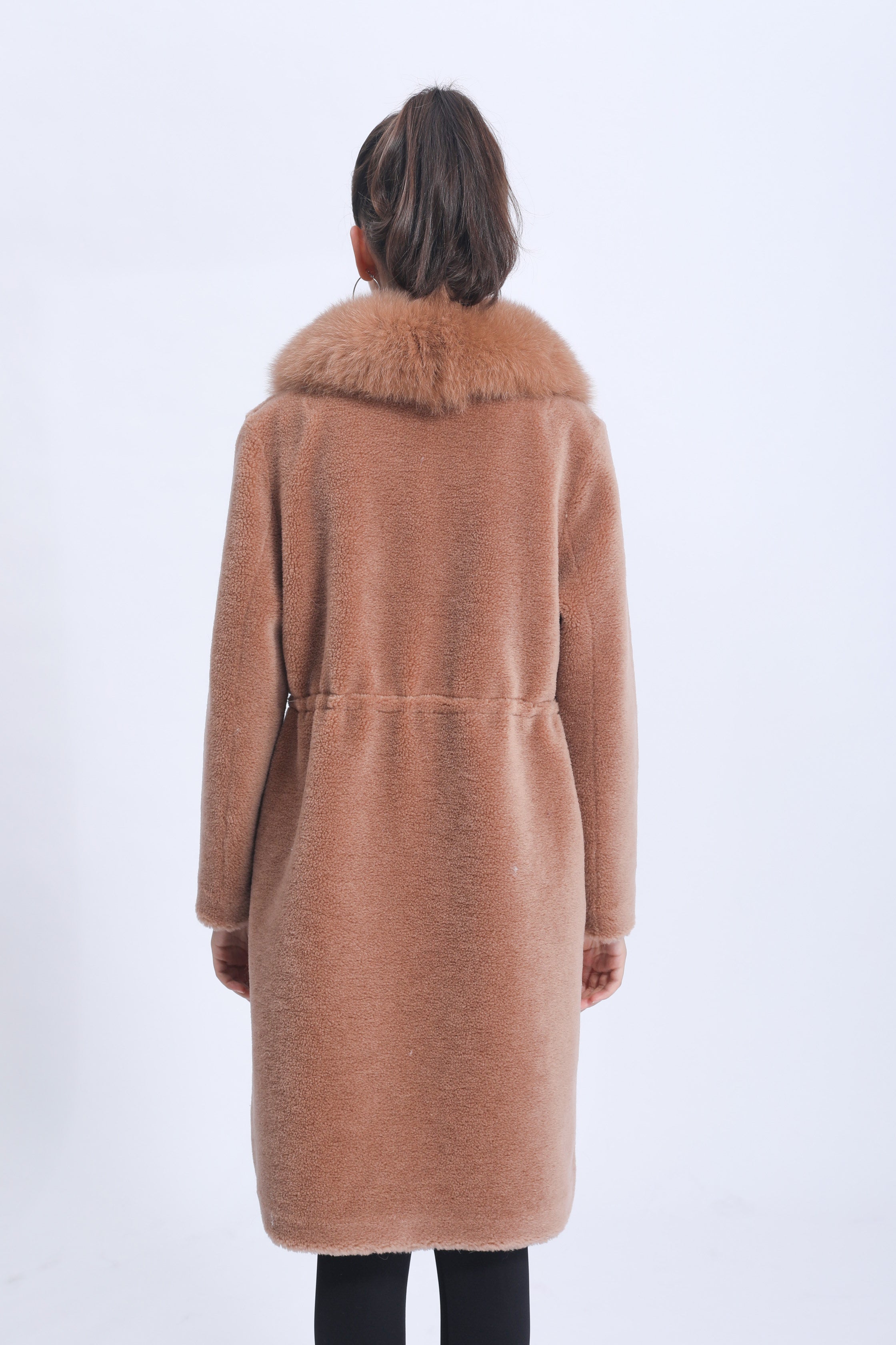 Women's Camel Shearling Long Coat with Shawl Collar, Fox Fur Trim & Waist-Tie Detail - Luxurious Winter Outerwear