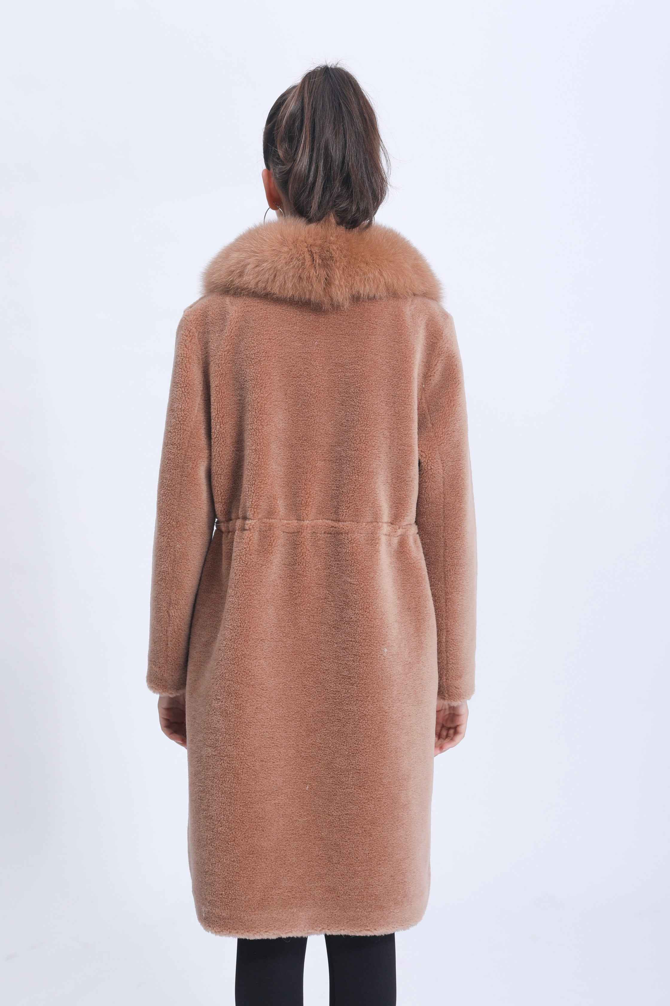 Women's Camel Shearling Long Coat with Shawl Collar, Fox Fur Trim & Waist-Tie Detail - Luxurious Winter Outerwear