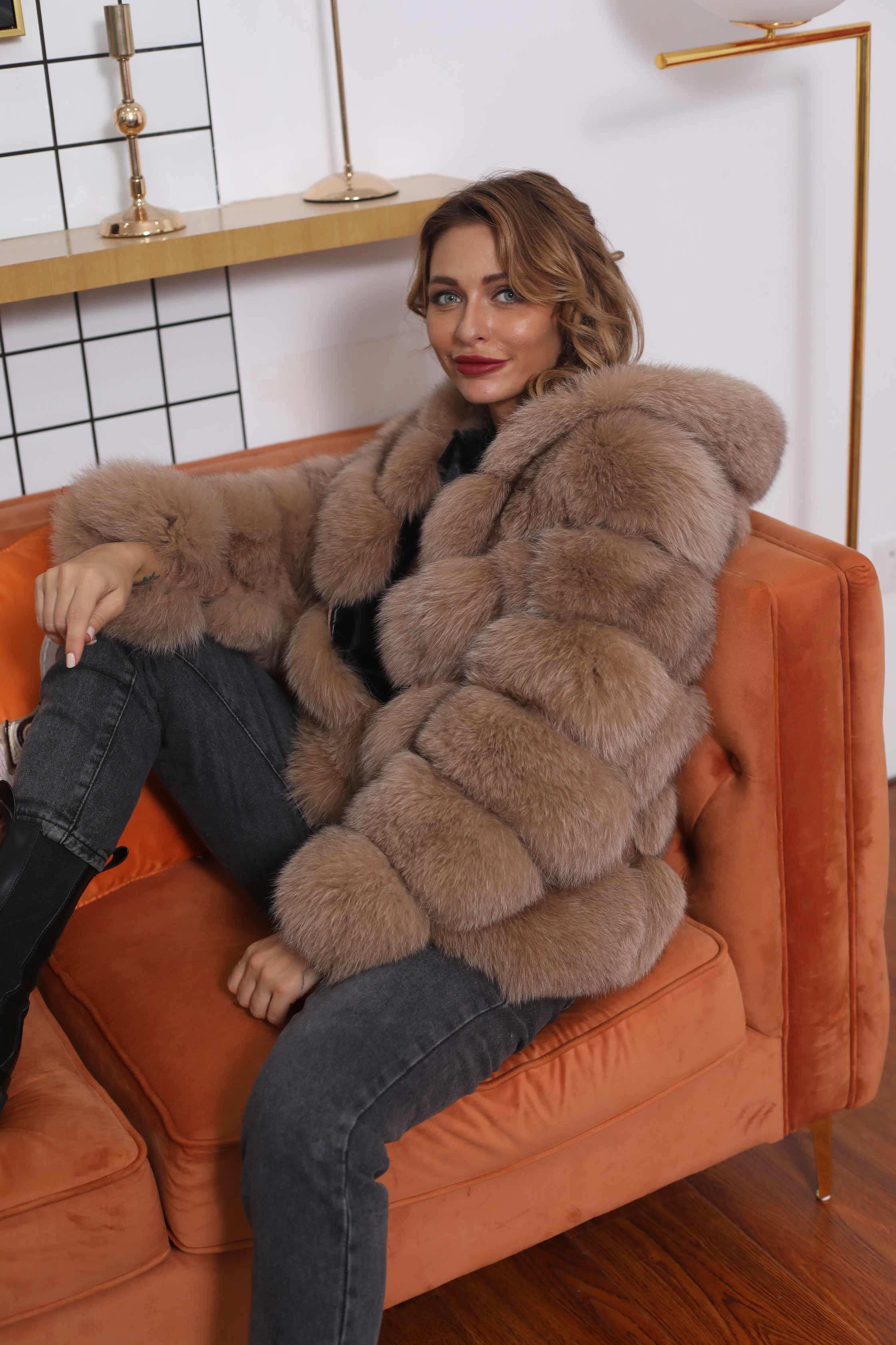 Women's Winter Warm Luxury Fox Leather Jacket Diagonal Stripe Hooded Coat