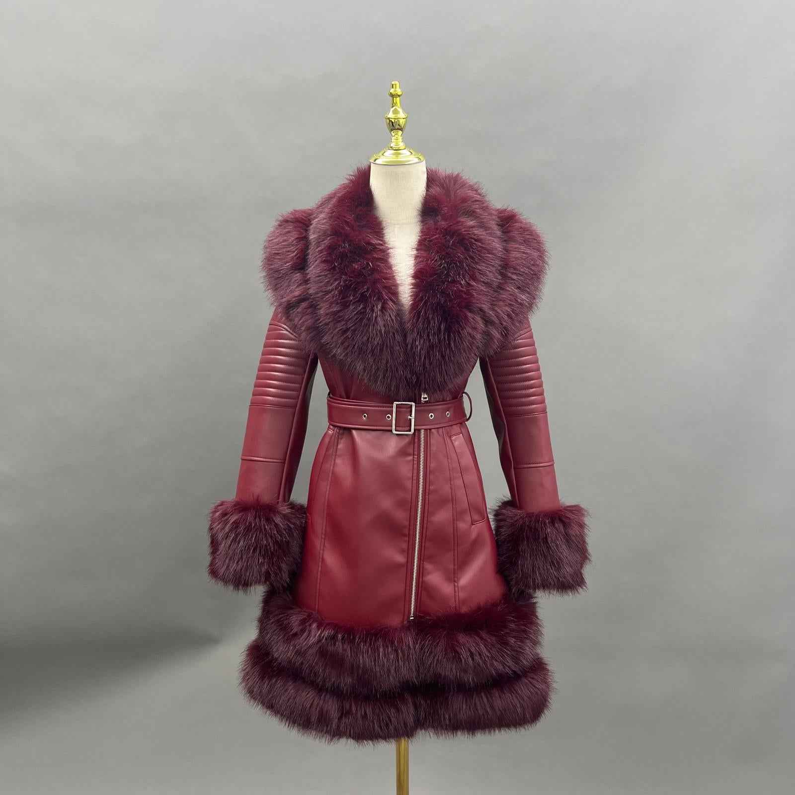 Eco-Friendly Leather Women's Mid-Length Coat with Faux Fur Cuffs and Belt