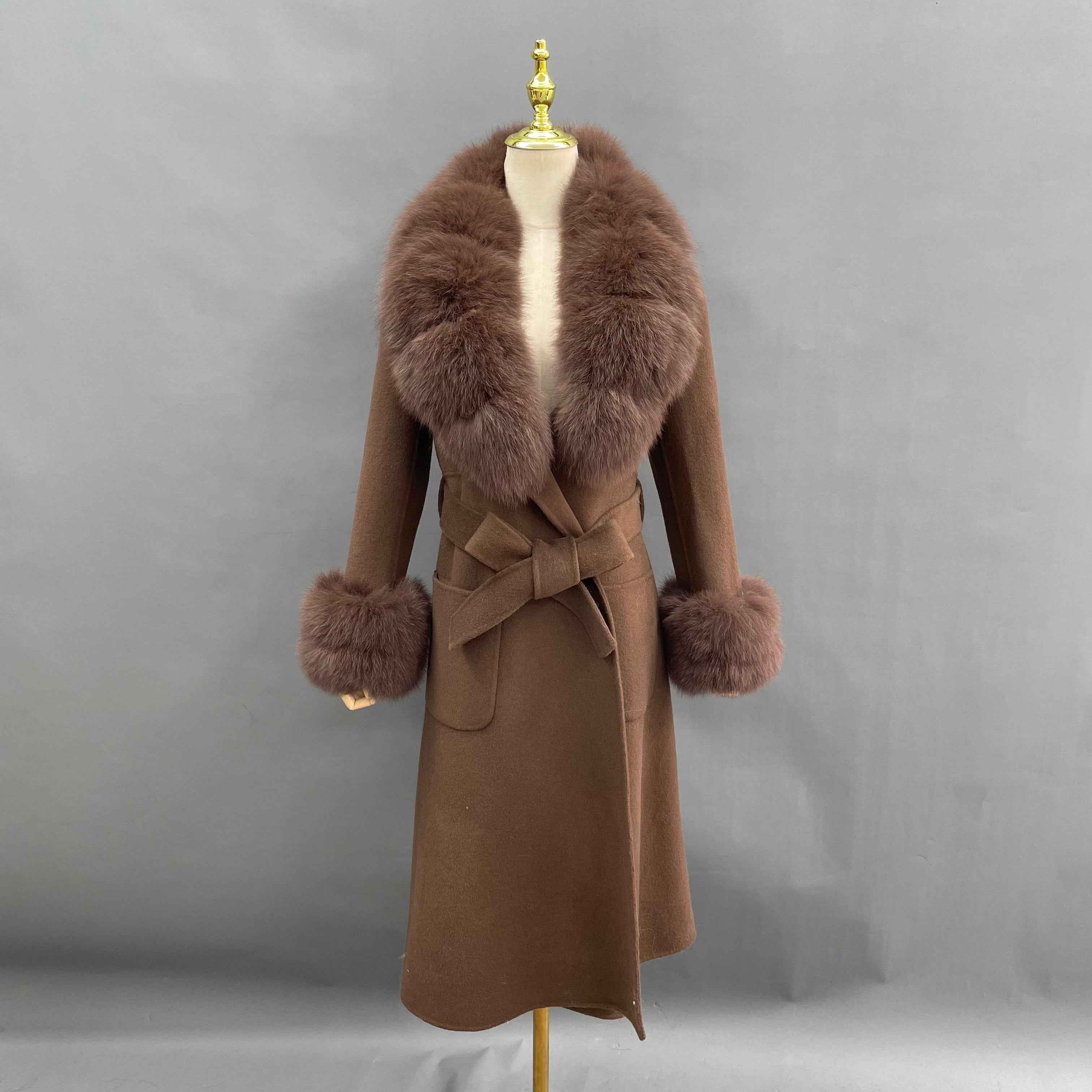 Women's Luxury Double - Faced Wool Coat with Segmented Fox Fur Collar, Two - Section Cuffs, Flared Skirt & Belt Coffee