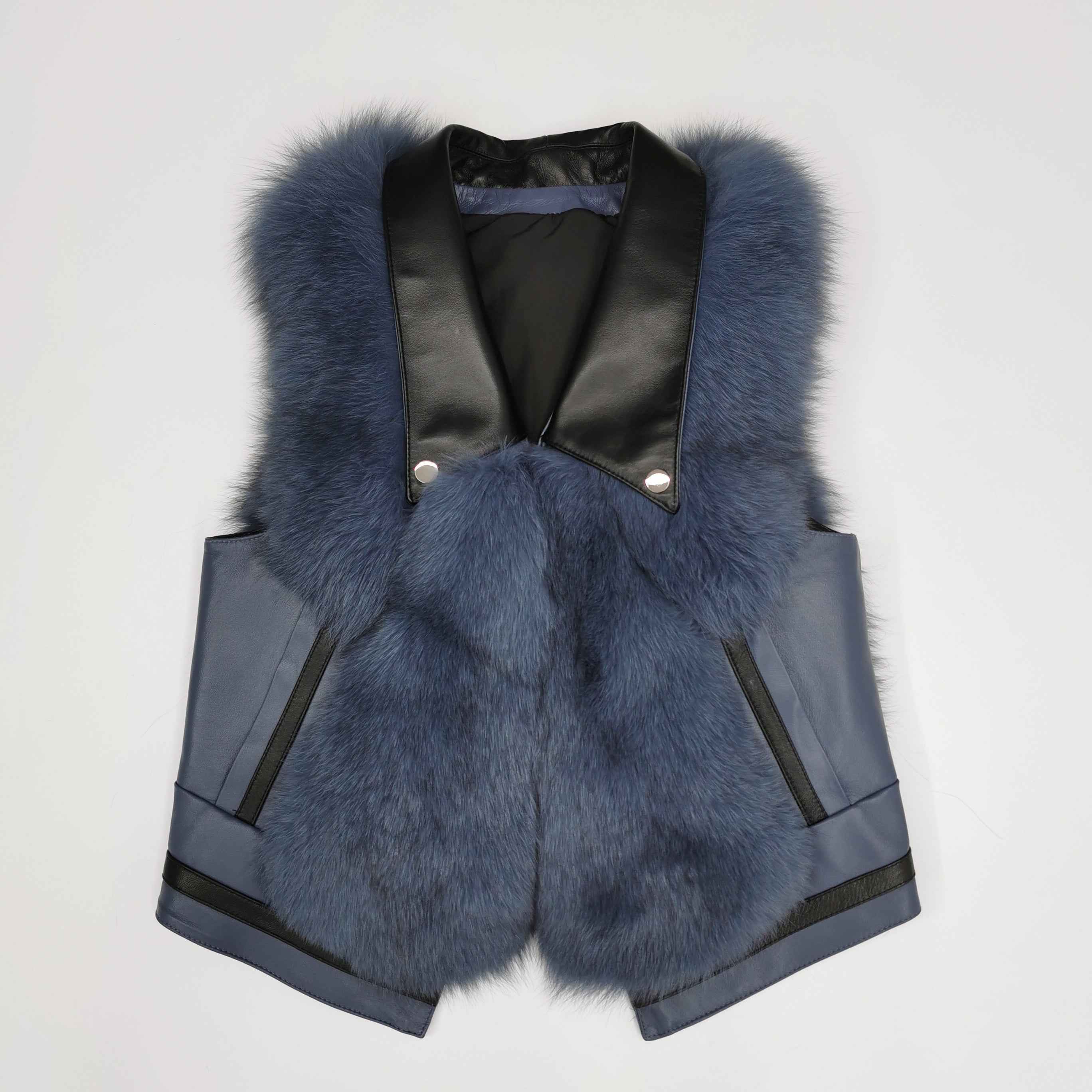 Women's Designer Fox Fur Vest - Notched Lapel Patch Pocket Outerwear Blue