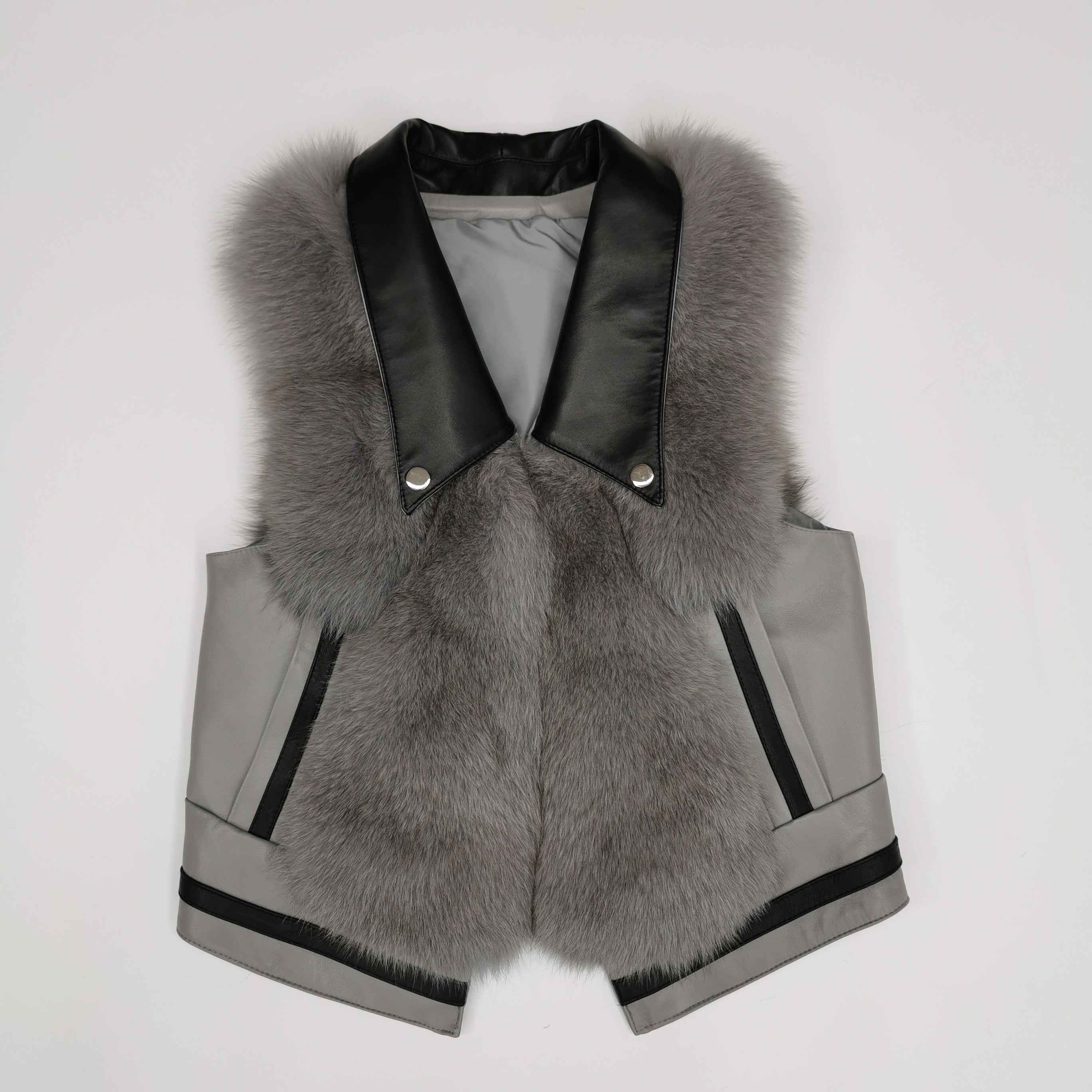 Women's Designer Fox Fur Vest - Notched Lapel Patch Pocket Outerwear Grey