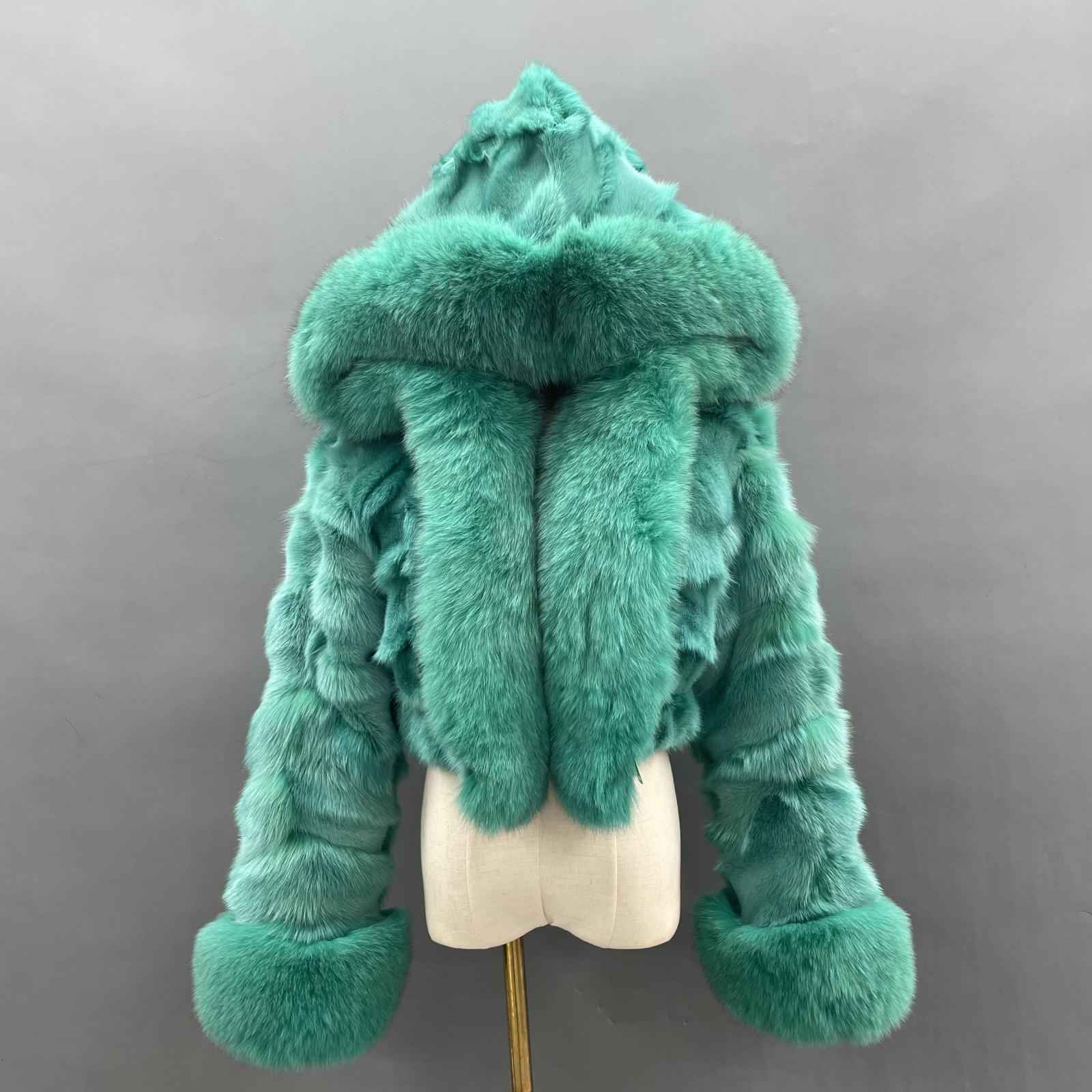 Fox Fur Coat for Women Luxurious Fox Fur Placket Hooded Zippered Jacket Green