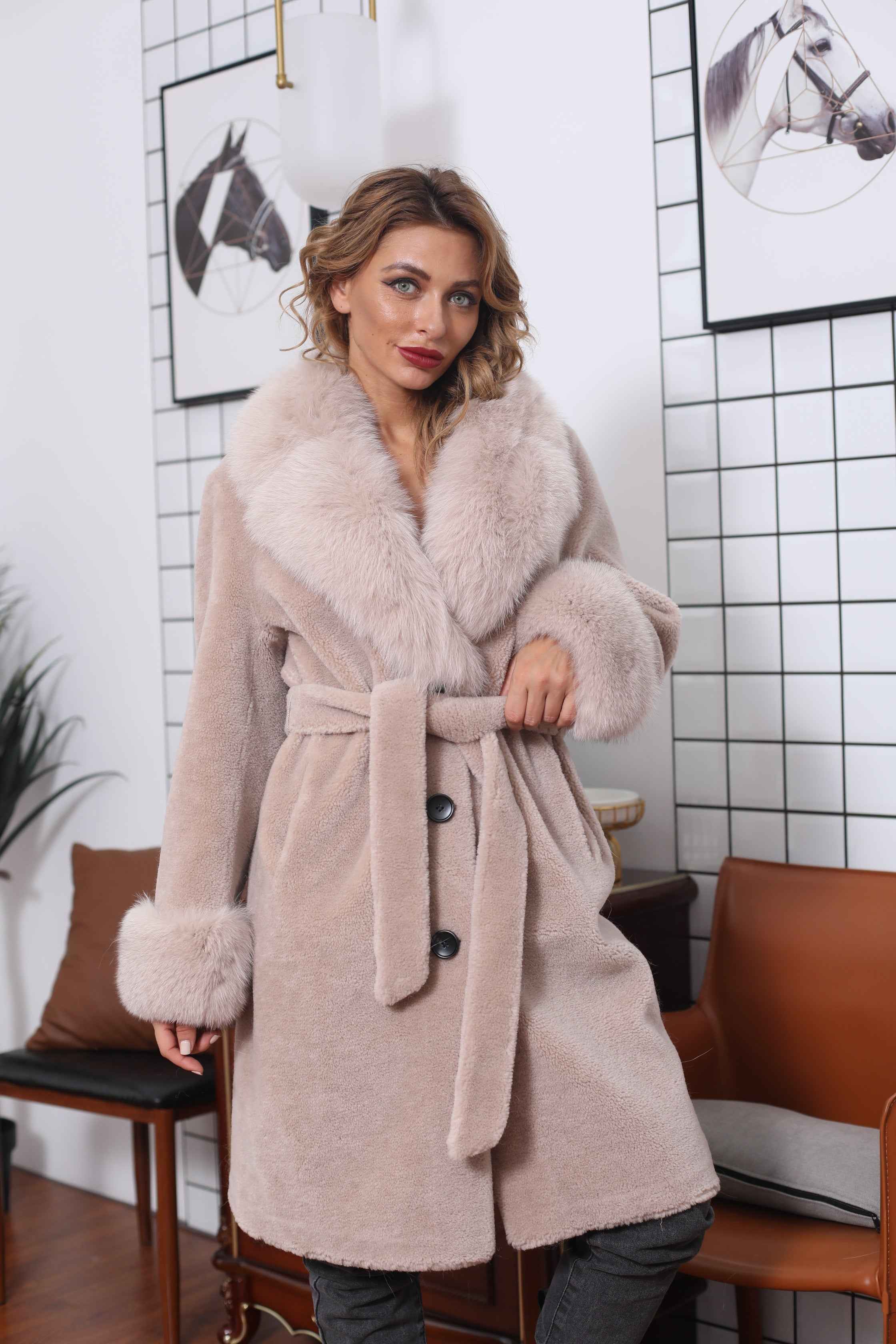 Women's Light Pink Shearling Long Coat with Fox Fur Collar, Cuffs, Notched Lapel & Belted Waist - Luxurious Winter Outerwear