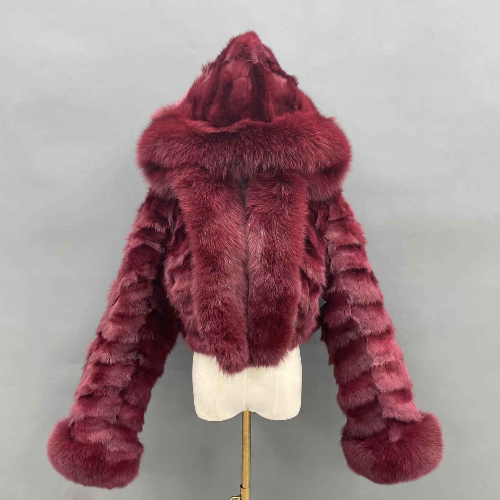 Fox Fur Coat for Women Luxurious Fox Fur Placket Hooded Zippered Jacket Wine